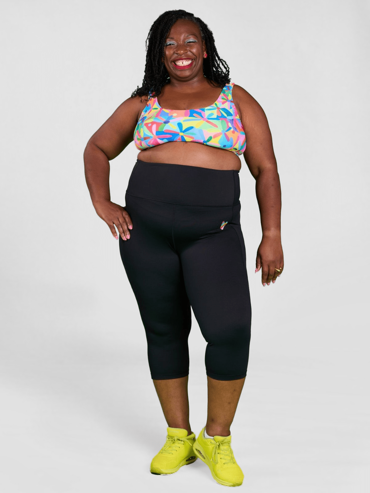 Rainbow at Heart Everyday Cropped Legging - 3/4 length - high waisted black cropped leggings with pockets, worn by Zee