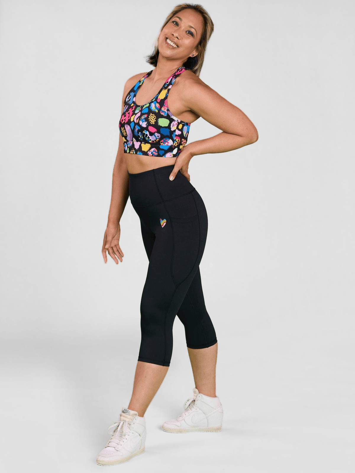 Rainbow at Heart Everyday Cropped Legging - 3/4 length - high waisted 3/4 capri leggings petit women, worn by Raquel
