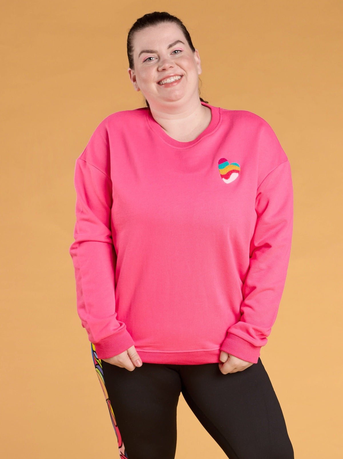 Rainbow at Heart Organic Cotton Sweatshirt - Dolly Pink - bright pink organic cotton jumper plus size