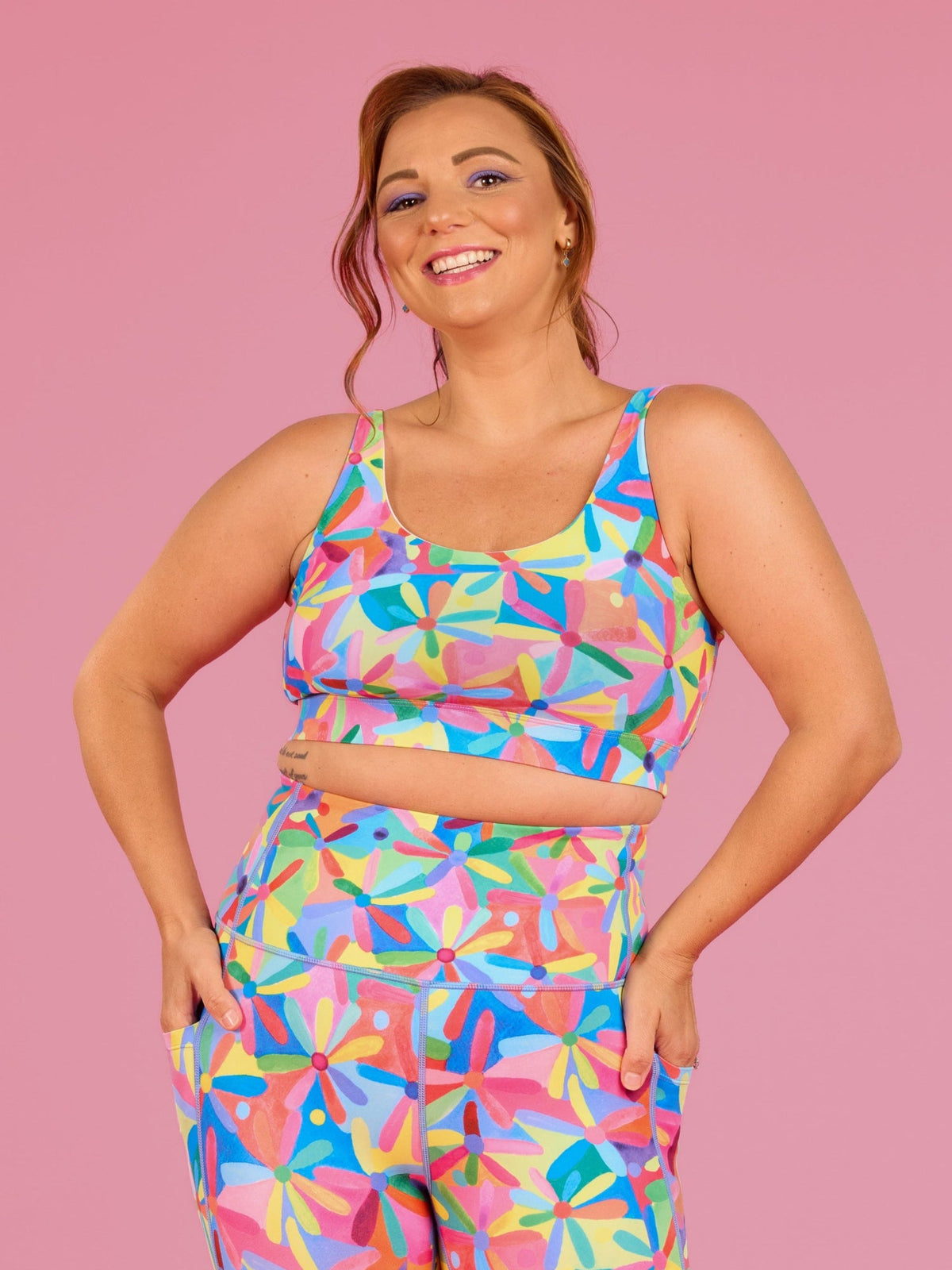 Rainbow Daisies Active Swim Crop- Hybrid swim crop plus sizes