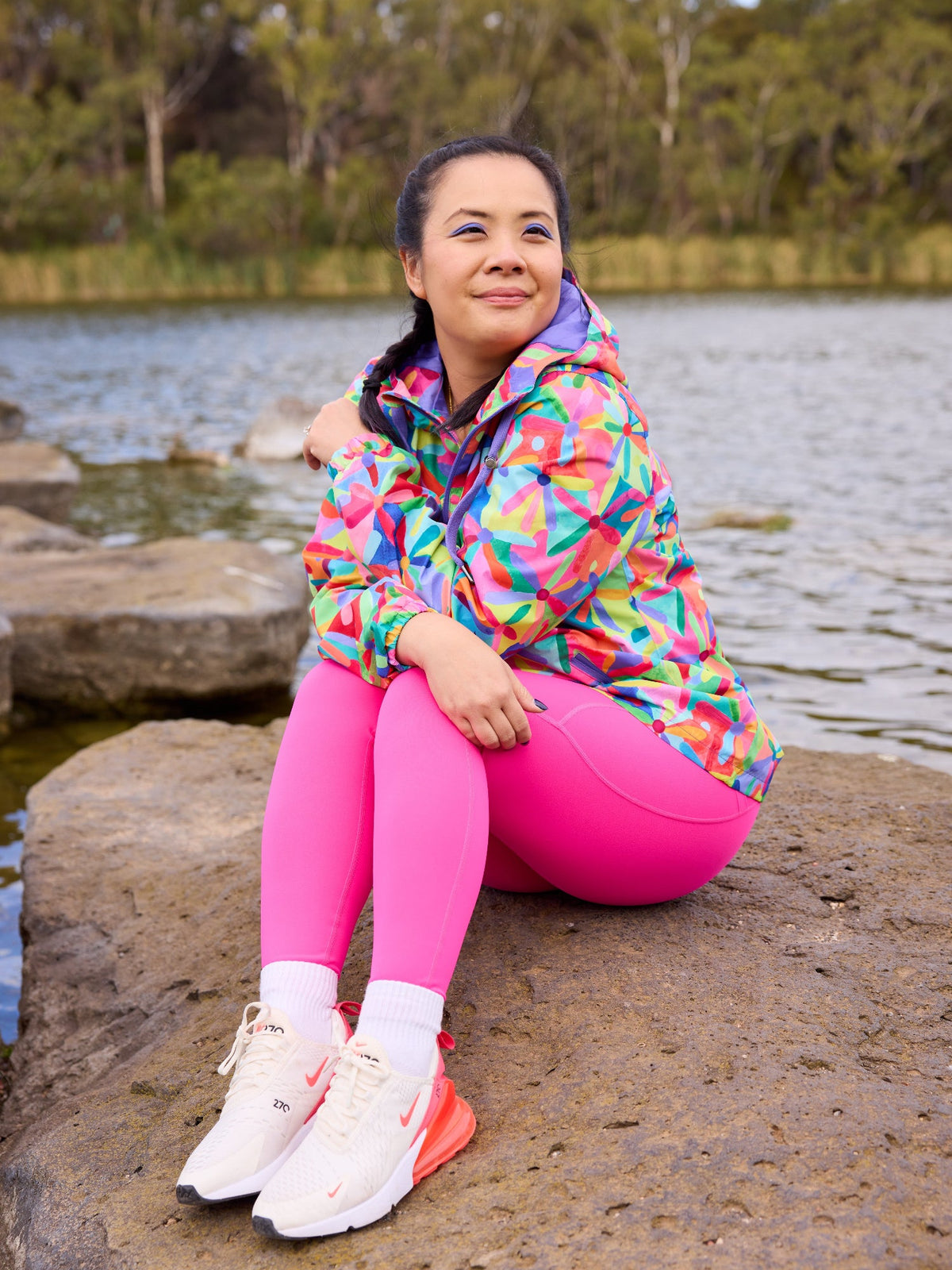 Rainbow Daisies Raincoat - Adults - women's lightweight waterproof jacket with hood