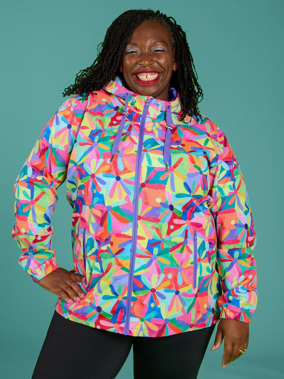 Rainbow Daisies Raincoat - Adults - women's lightweight waterproof jacket with hood