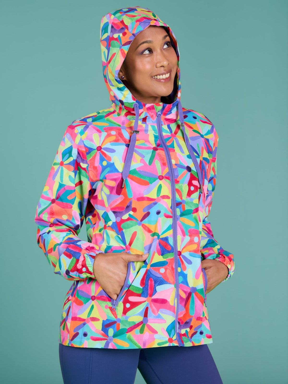 Rainbow Daisies Raincoat - Adults - waterproof jacket with hood petite women