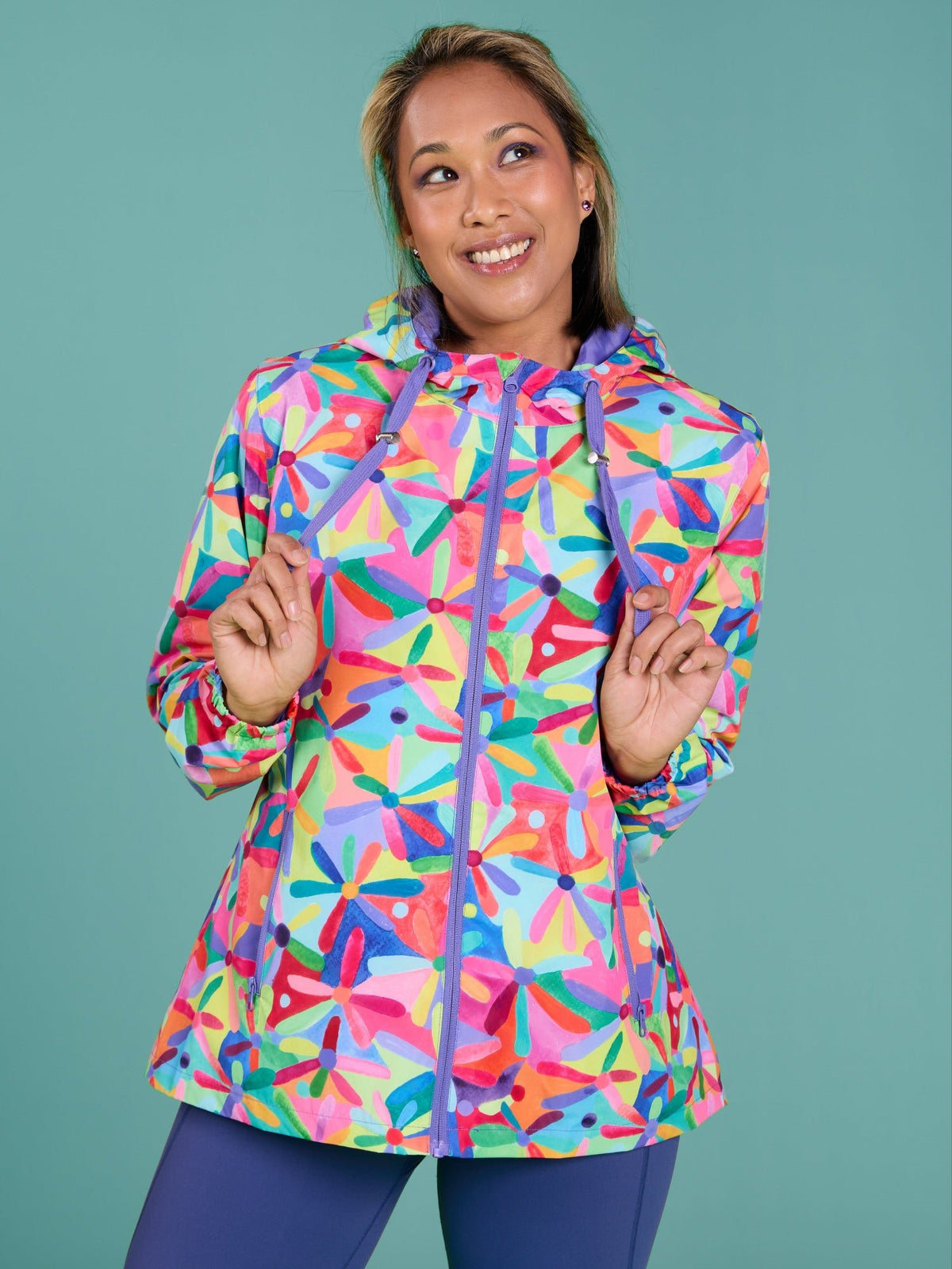 Rainbow Daisies Raincoat - Adults - waterproof jacket with hood petite women