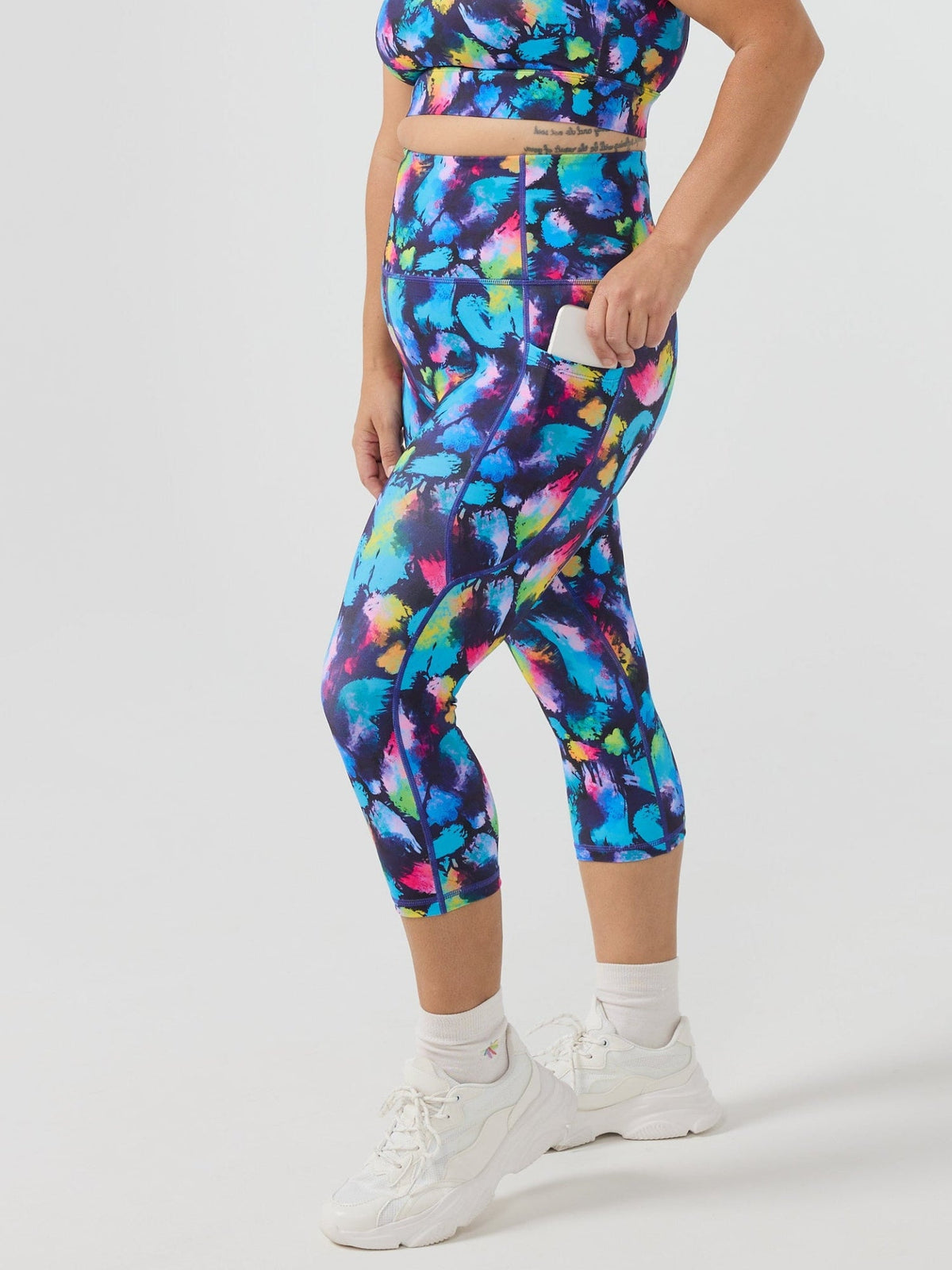 Rainbow Splatter Everyday Cropped Legging - 3/4 length - high waisted cropped leggings with pockets