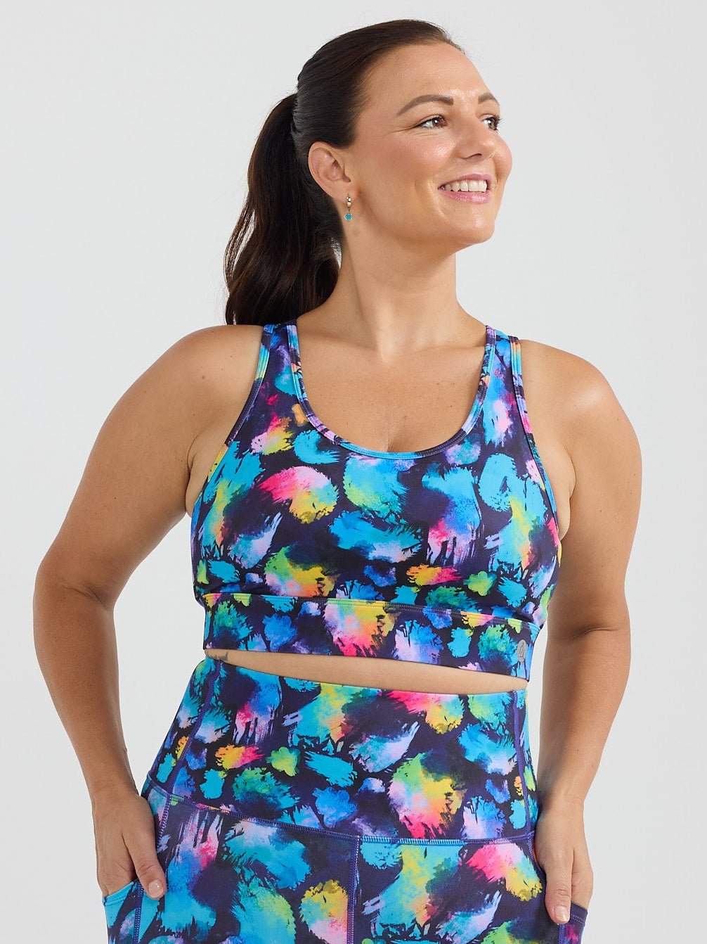 Rainbow Splatter Liberty Hookback Crop - High impact sports bra crop top