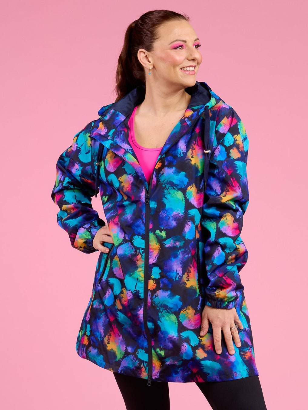 Rainbow Splatter Longline Raincoat - made from recycled plastic bottles