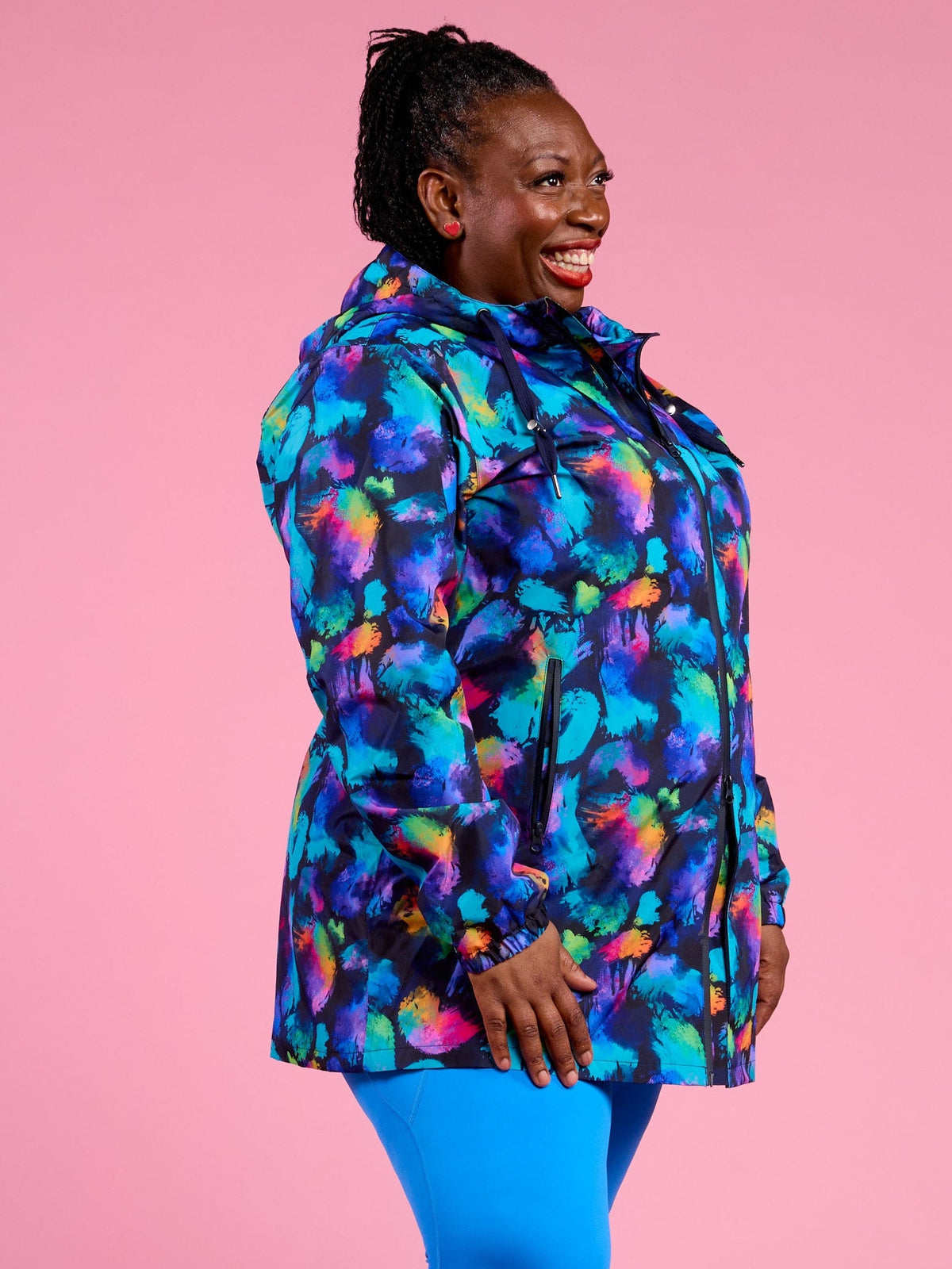 Rainbow Splatter Longline Raincoat - two side pockets waterproof