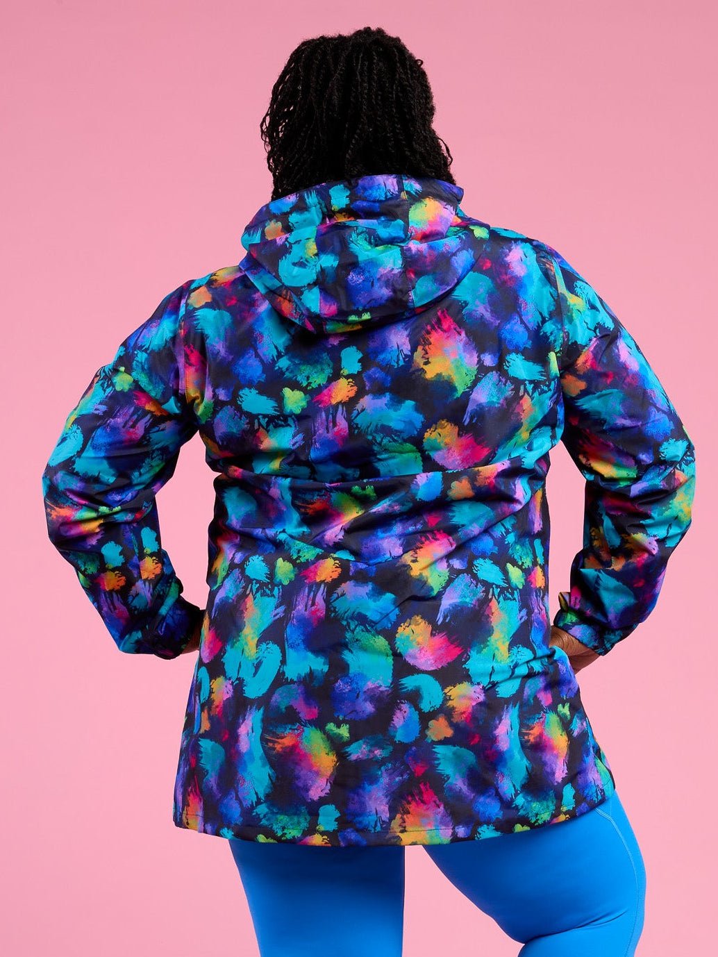 Rainbow Splatter Longline Raincoat - Flattering fit flares at hip