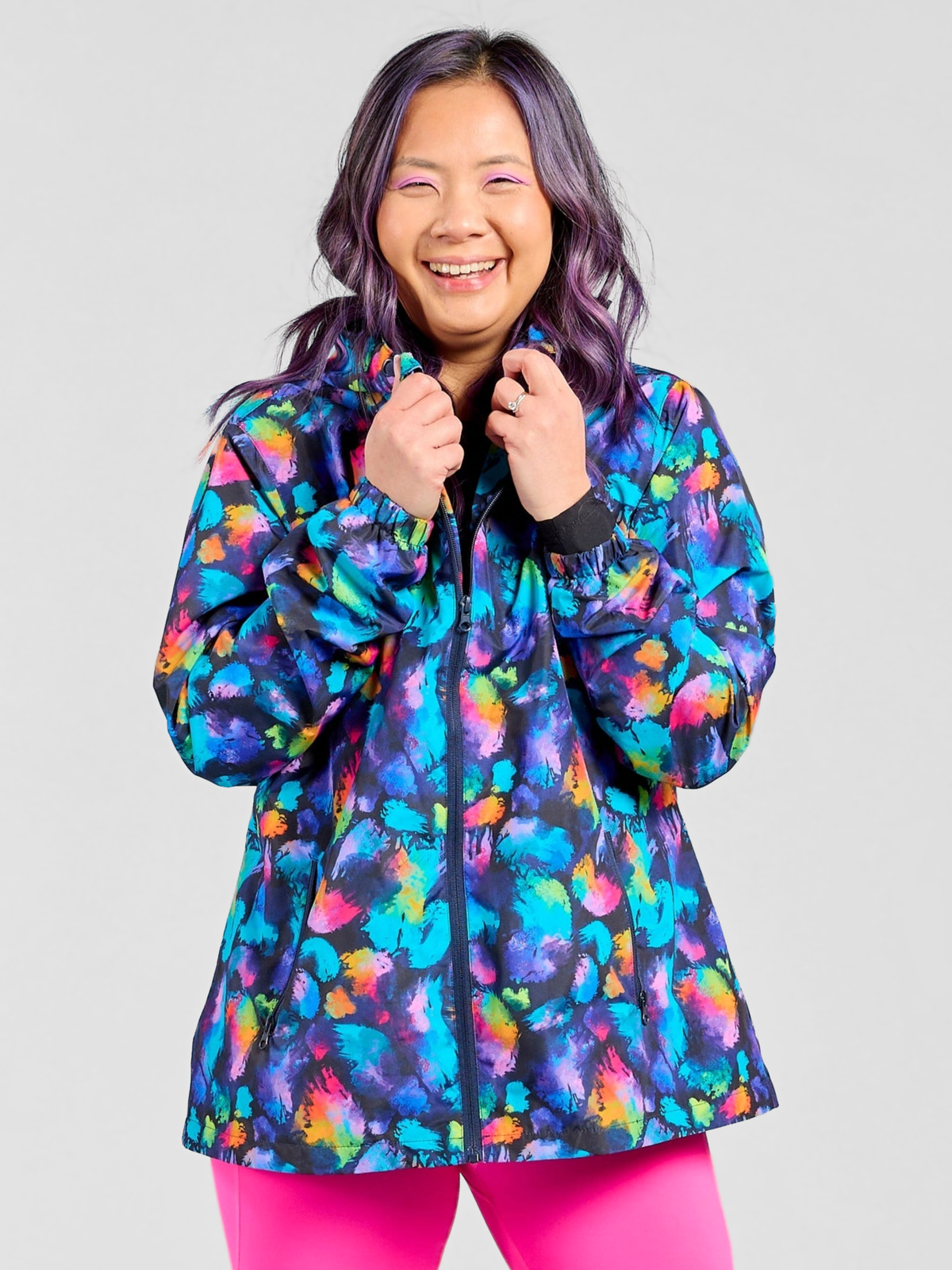 Rainbow Splatter Spray Jackets - Adults - Waterproof fully lined, worn by Faye