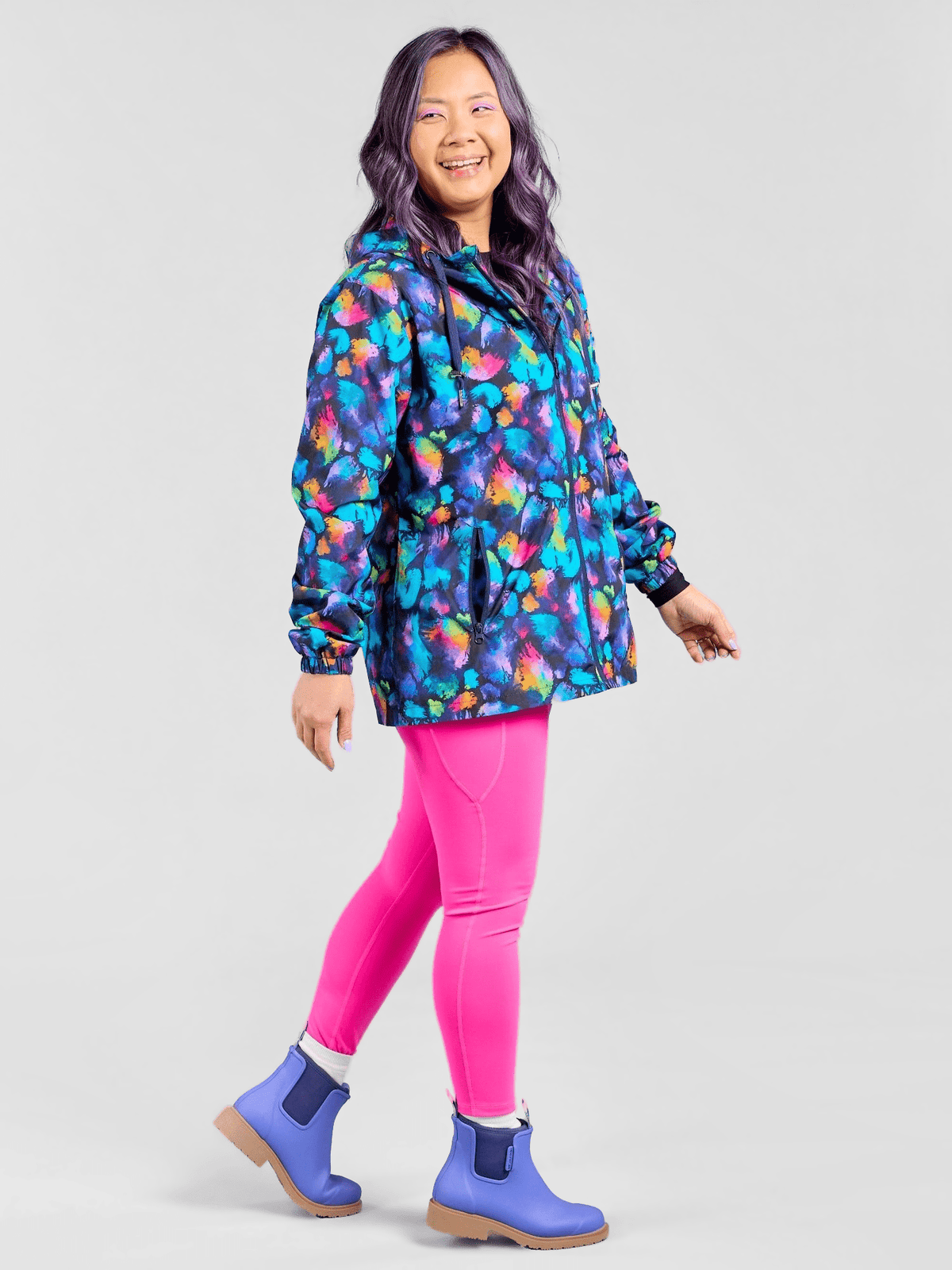 Rainbow Splatter Spray Jackets - Adults - adjustable hood fully lined waterproof, worn by Faye