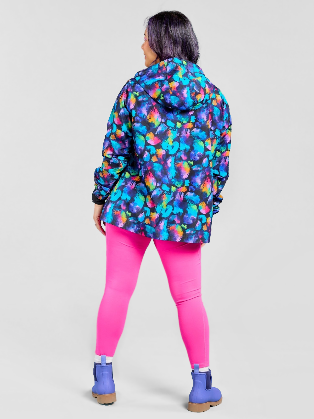 Rainbow Splatter Spray Jackets - Adults - cropped waterproof colourful Kasey Rainbow, worn by Faye