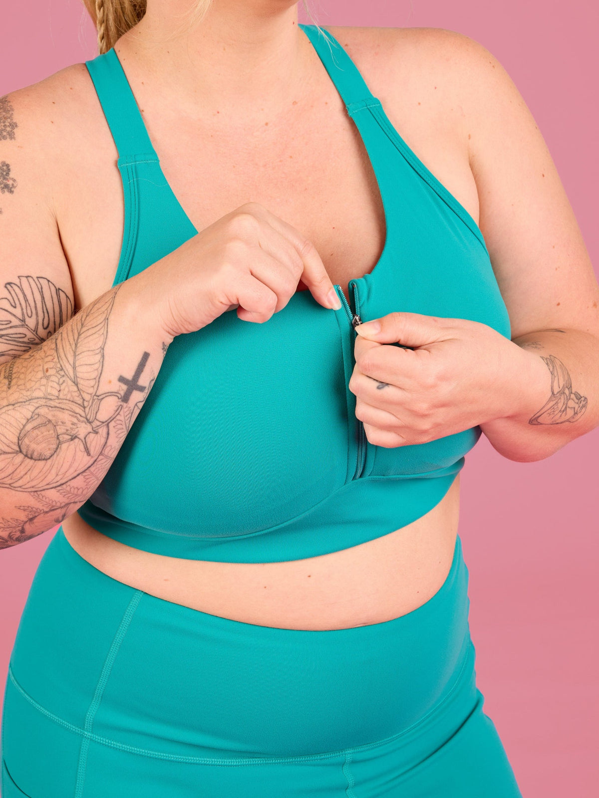Teal FlexiZip Crop II - Plus size Running bra no bounce crop top