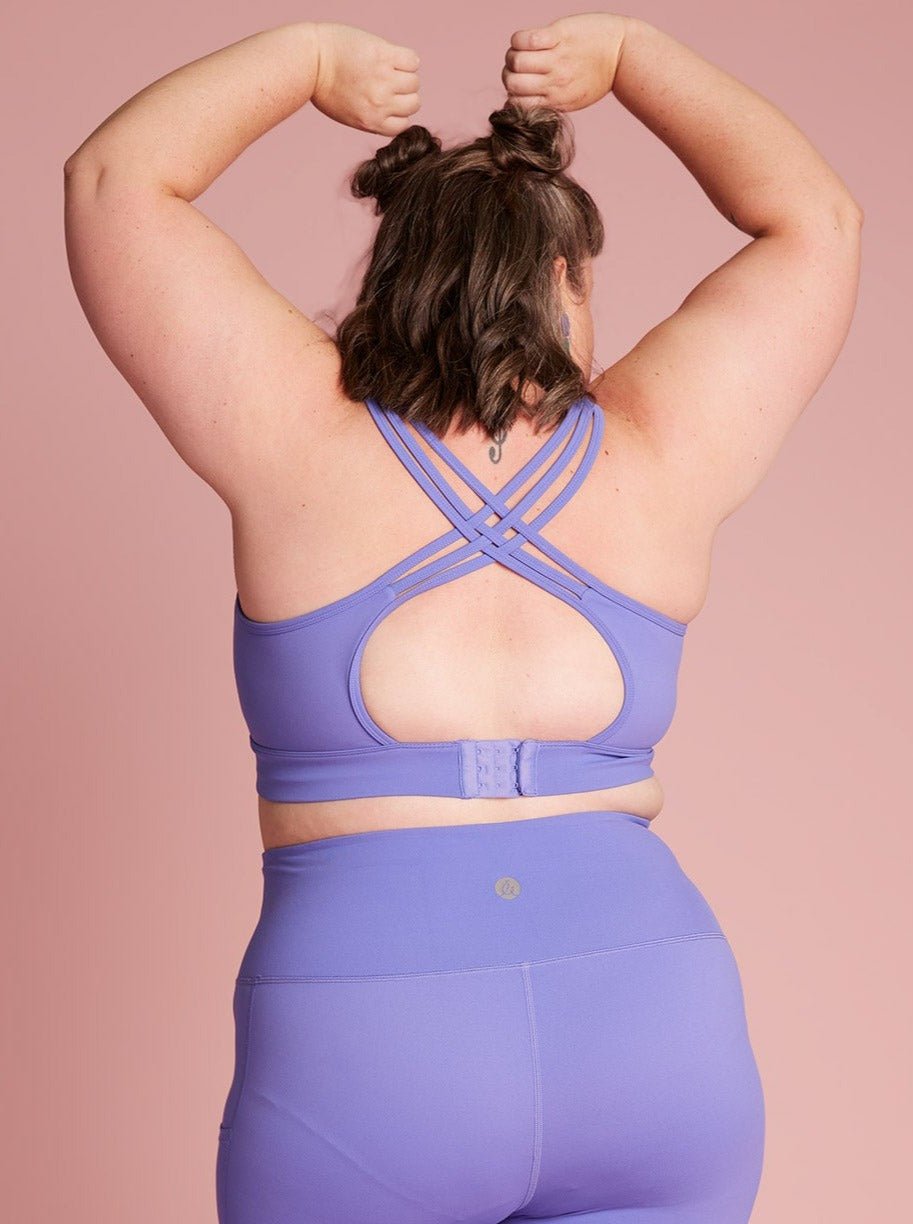 Periwinkle Purple Be Free Hooked Sports Bra - cross back hooked sports crop on plus size woman