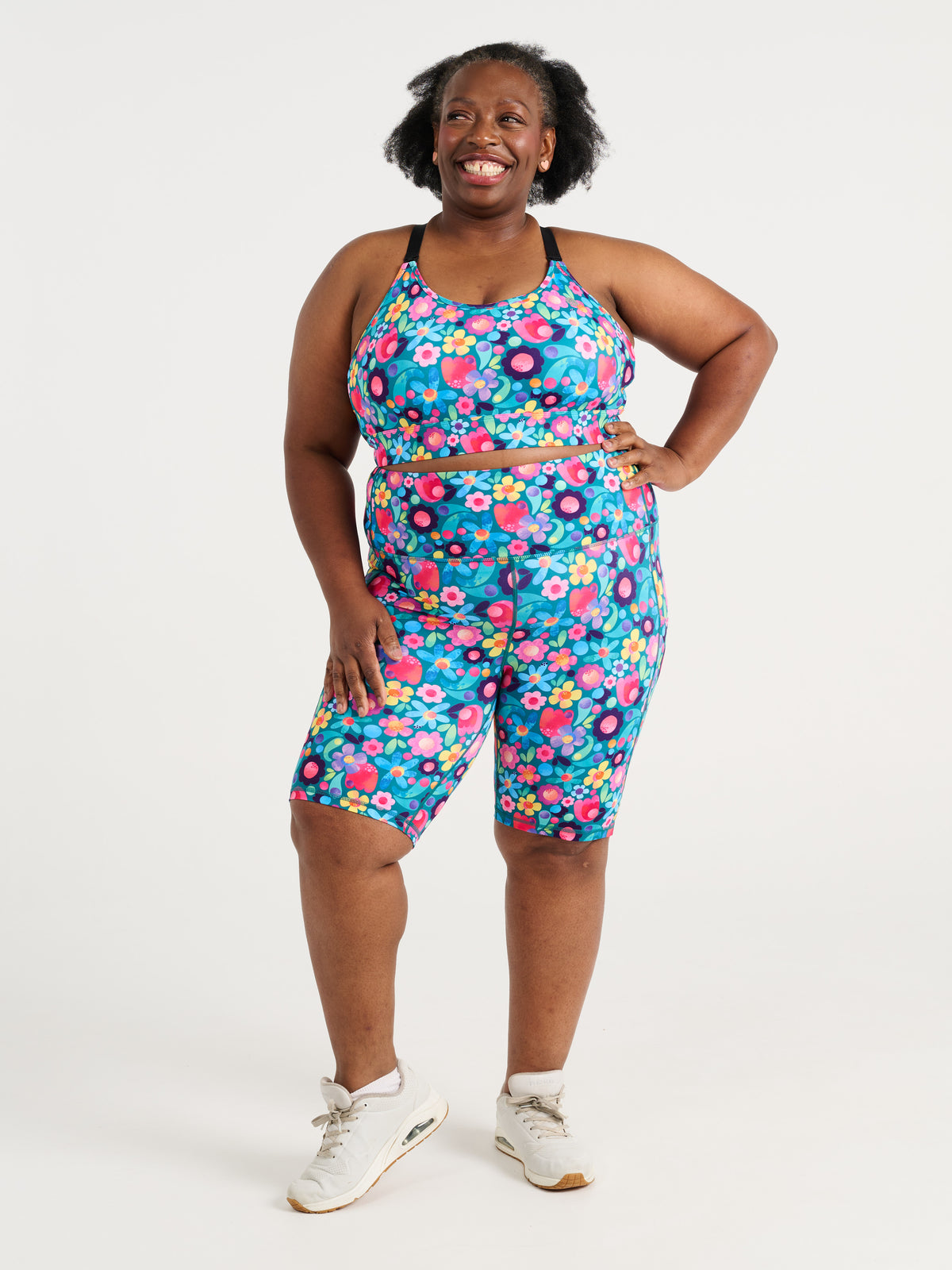 Zee wearing the Floral Fields Everyday Bike Shorts and Floral Fields Miracle Nursing Sports Bra, colourful floral activewear