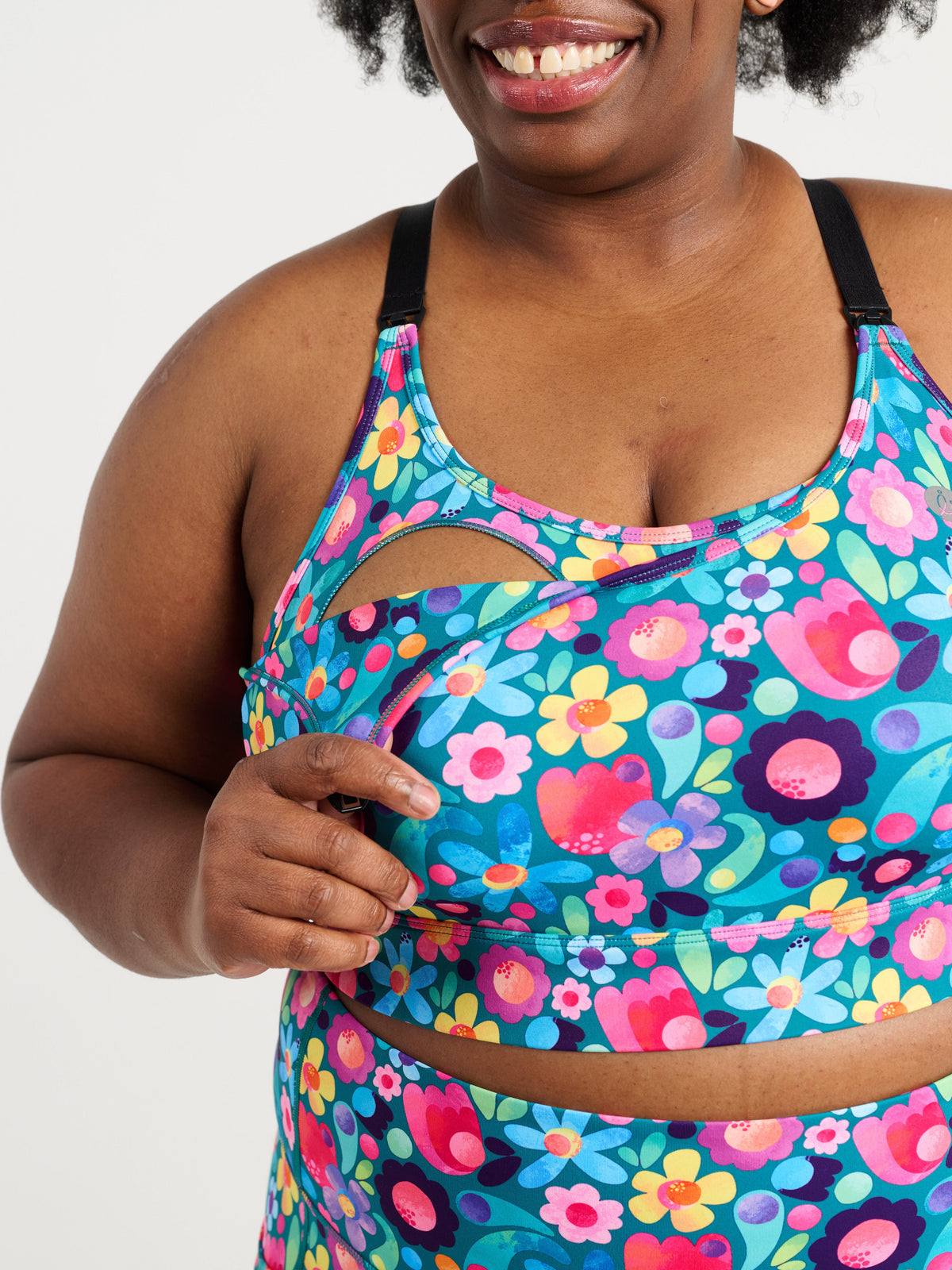 Zee wearing the Floral Fields Everyday 7/8 Legging and Floral Fields Miracle Nursing Sports Bra, colourful floral activewear