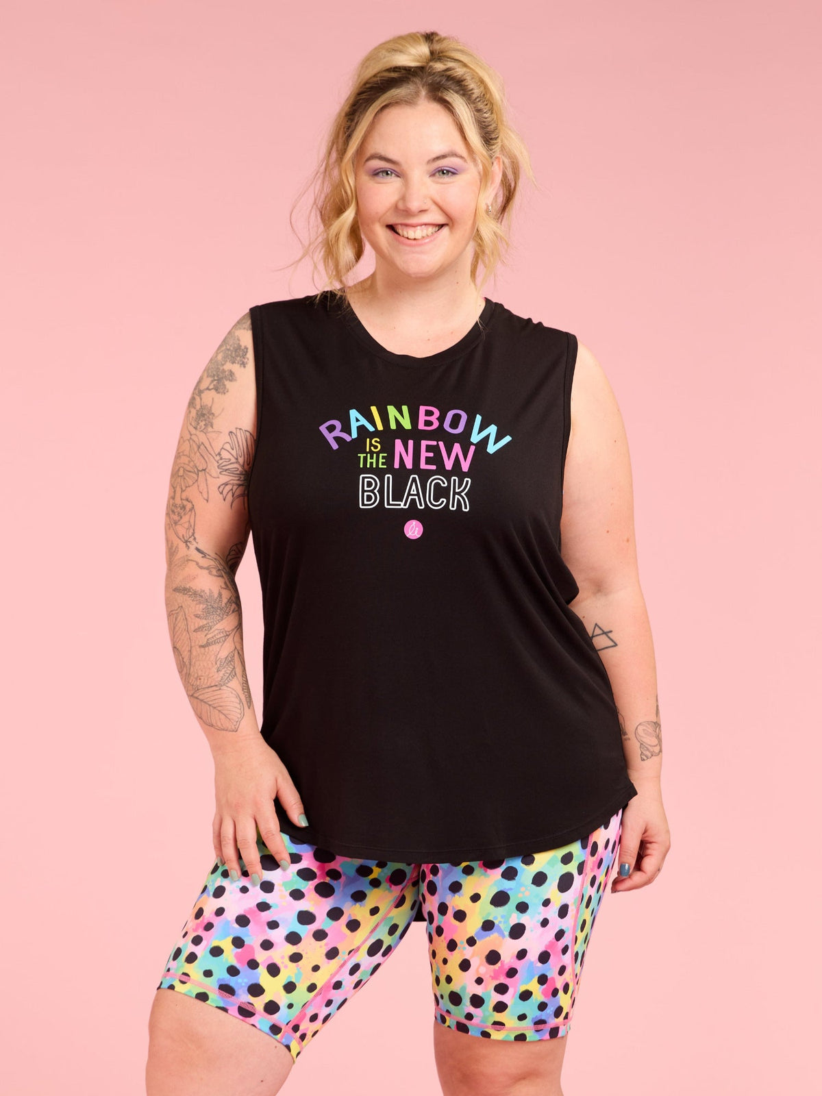 Active Curve Muscle Tank - ‘RAINBOW Is The New Black’ - black moisture wicking tank with positive message