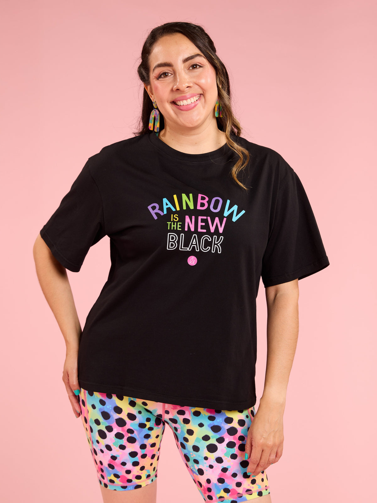 Black BoxFit Positivi-Tee - ‘RAINBOW Is The New Black’ - oversized slogan graphic black t-shirt tall women