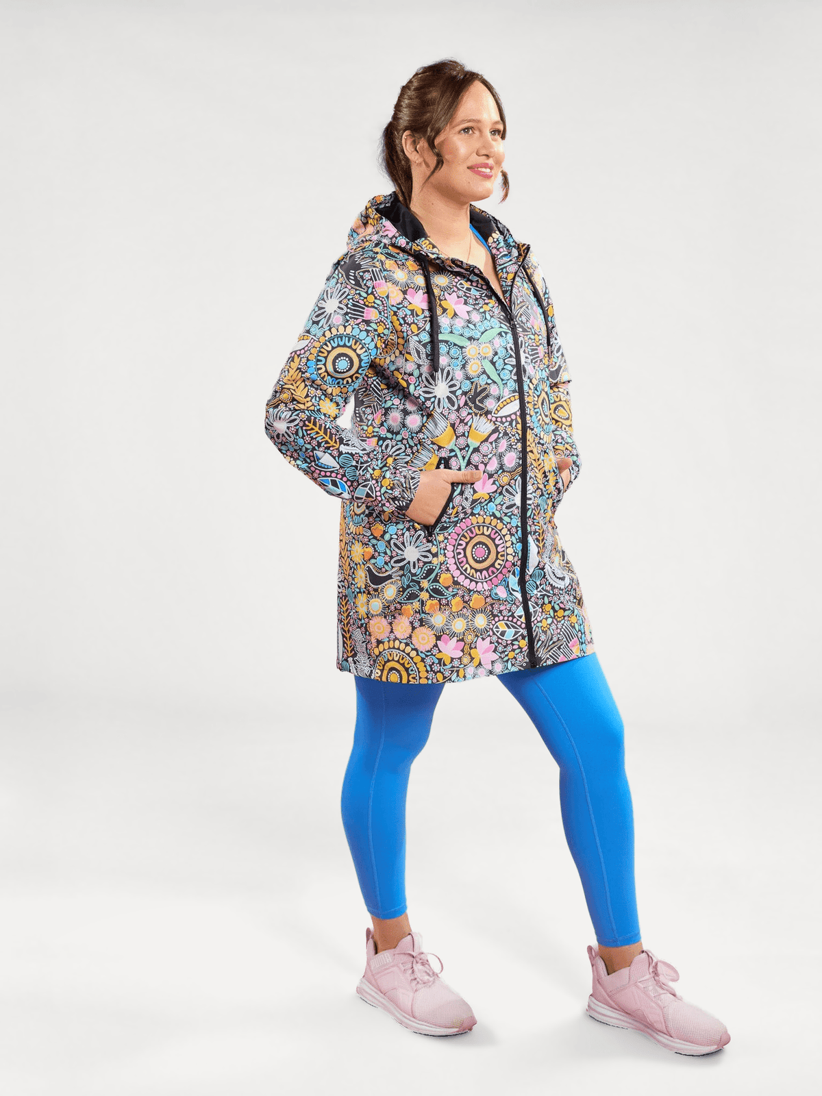 Coastal Wildflowers Longline Raincoat - black long raincoat for tall women, worn by Kirra