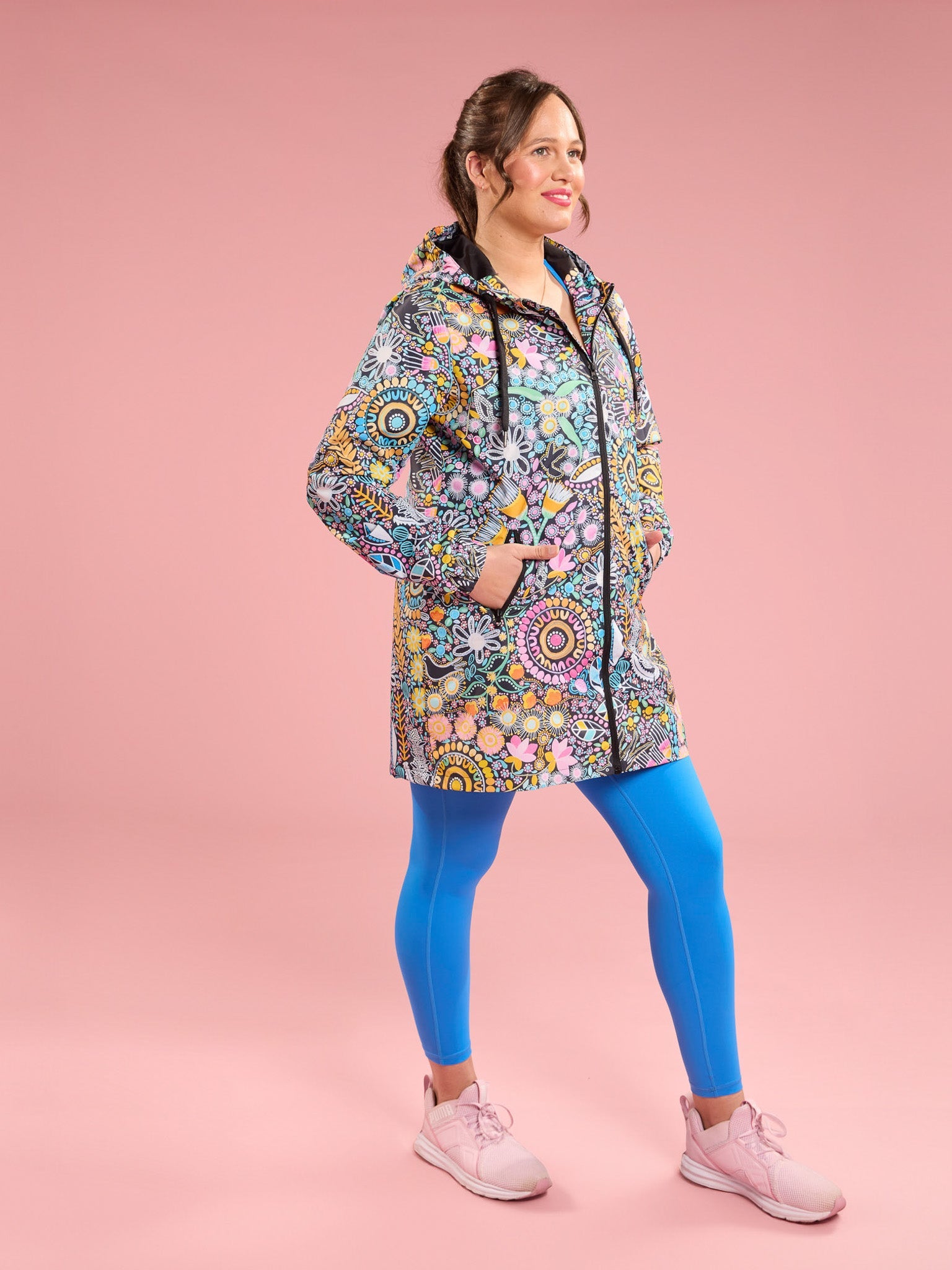 Coastal Wildflowers Longline Raincoat - Waterproof raincoat aboriginal print