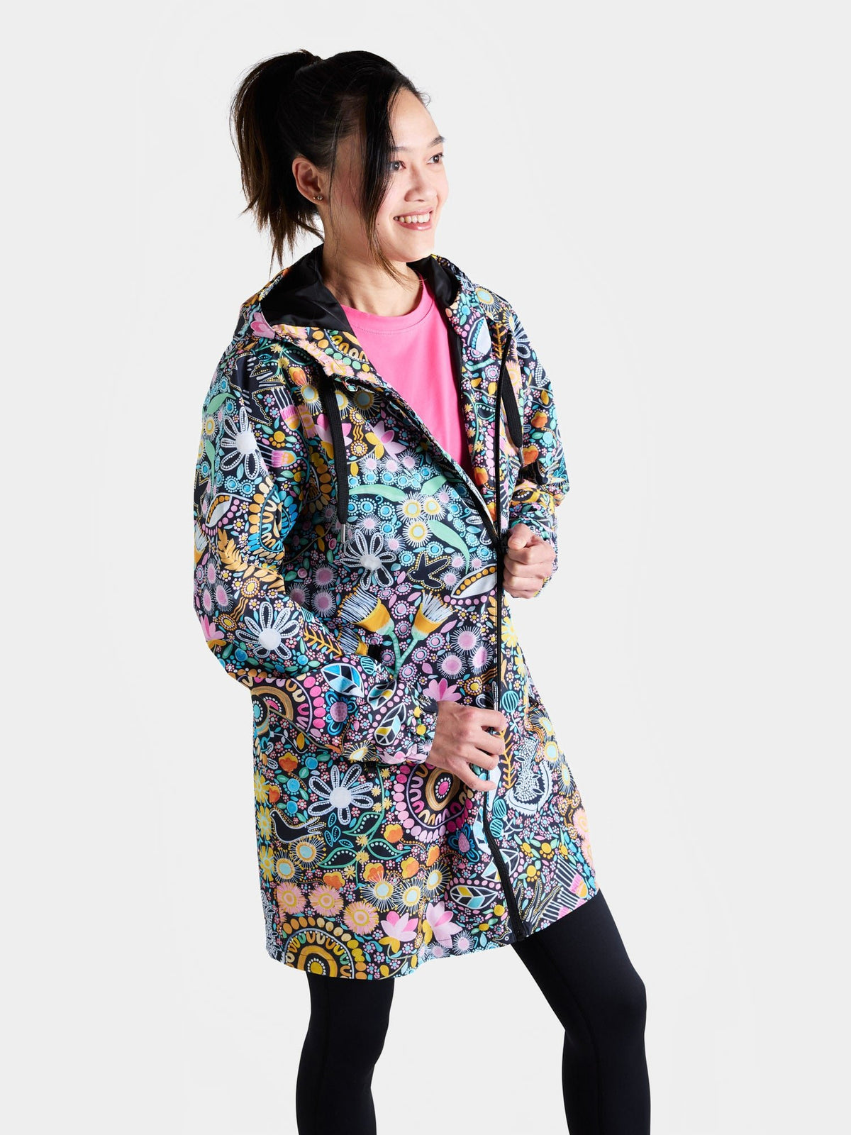 Coastal Wildflowers Longline Raincoat - aboriginal print waterproof raincoat