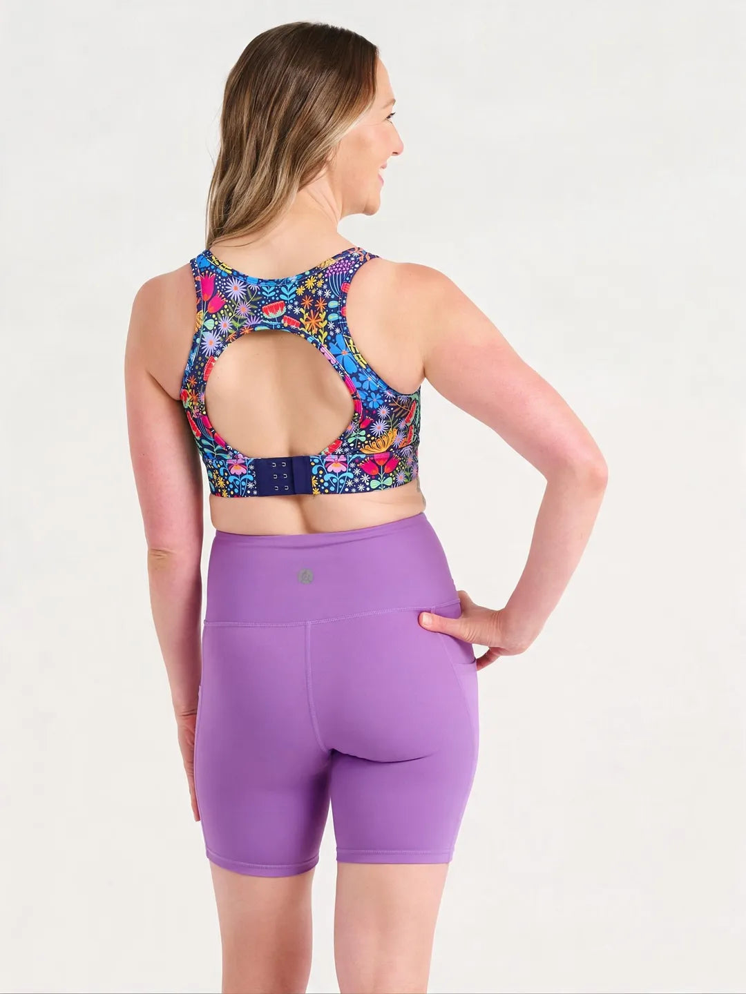Dusty Grape SleekFit Shortie Bike Shorts, back view, worn by Jen