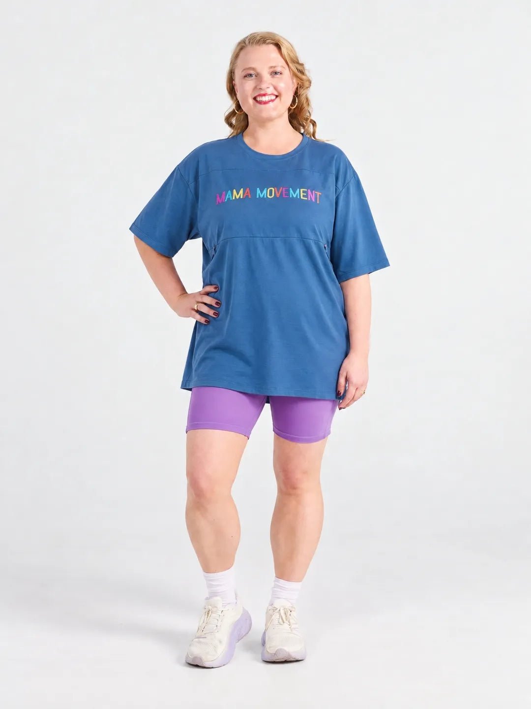 Ruby wearing the Dusty Grape SleekFit Shortie Bike Shorts with an oversized slate blue tee