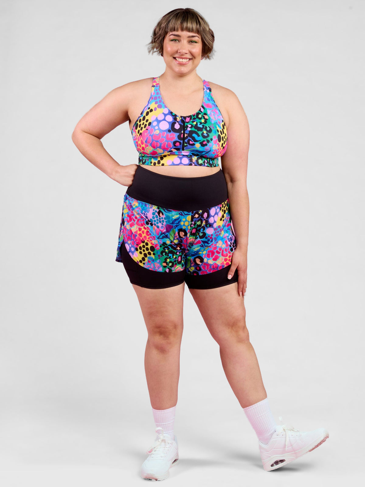 Electric Leopard 2-in-1 Running Shorts - womens activewear plus size, worn by Steph