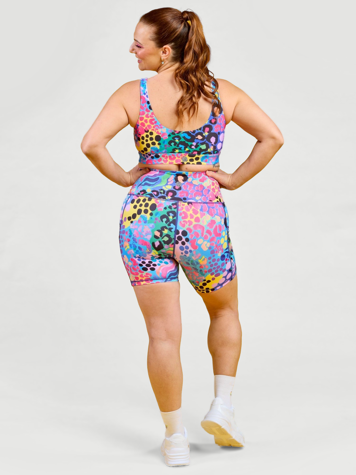 Electric Leopard Everyday Shortie Bike Shorts - squat proof mid thigh bike shorts, worn by Jaime