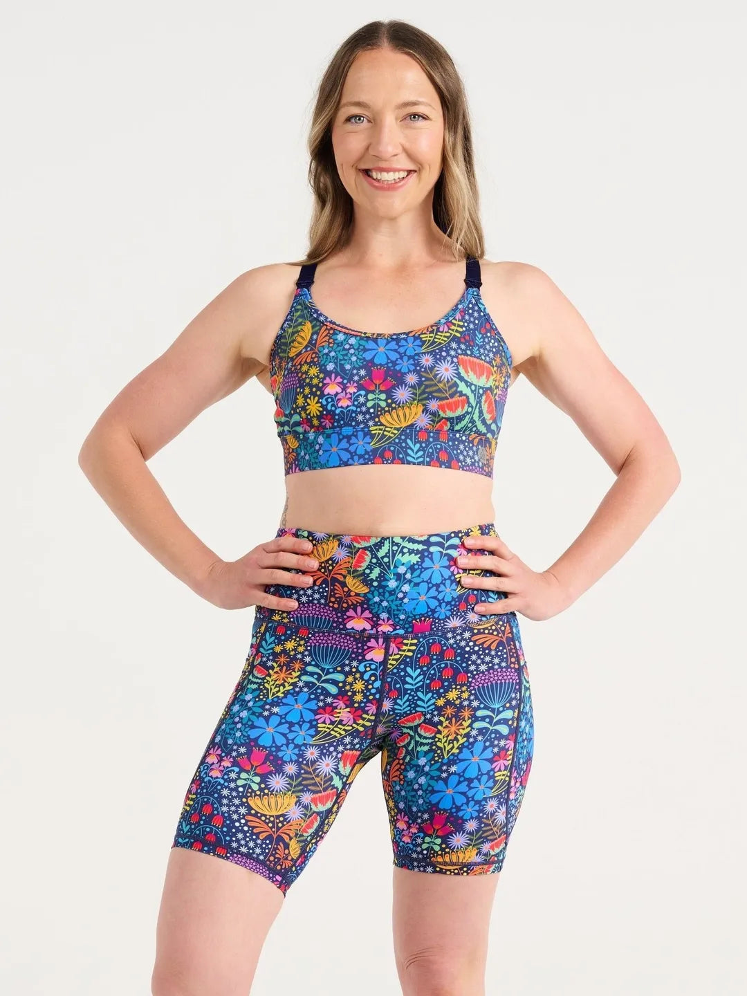 Ellie's Garden Everyday Bike Shorts - front view on Jen with dark navy straps