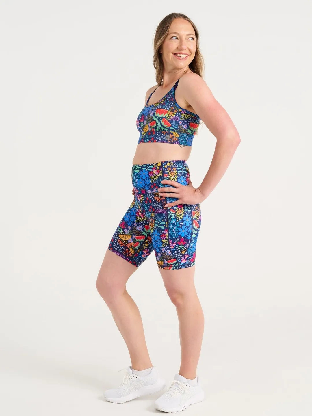 Ellie's Garden Everyday Bike Shorts - side view on Jen with dark navy straps