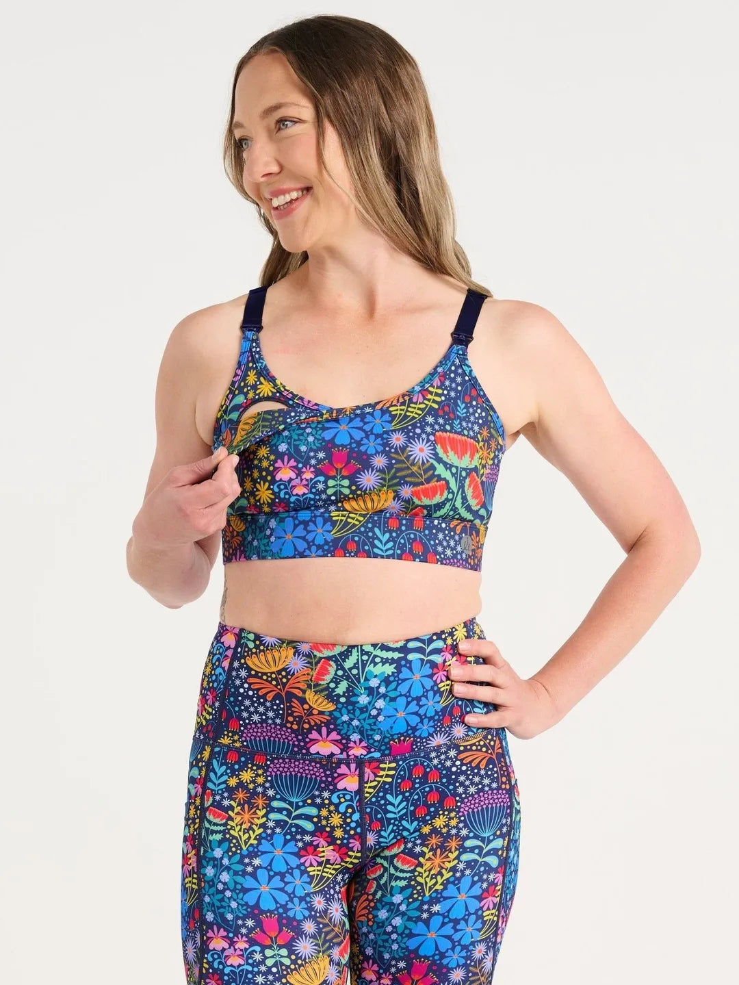 Ellie's Garden Miracle Nursing Sports Bra - 3/4 front view with dark navy straps