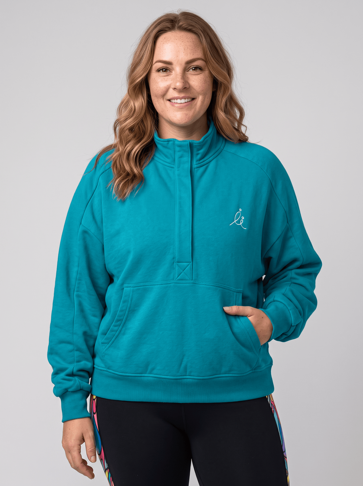 FlexiZip Sweatshirt - Teal - half zip sweatshirt front view with Amazon Power Legging 7/8 length