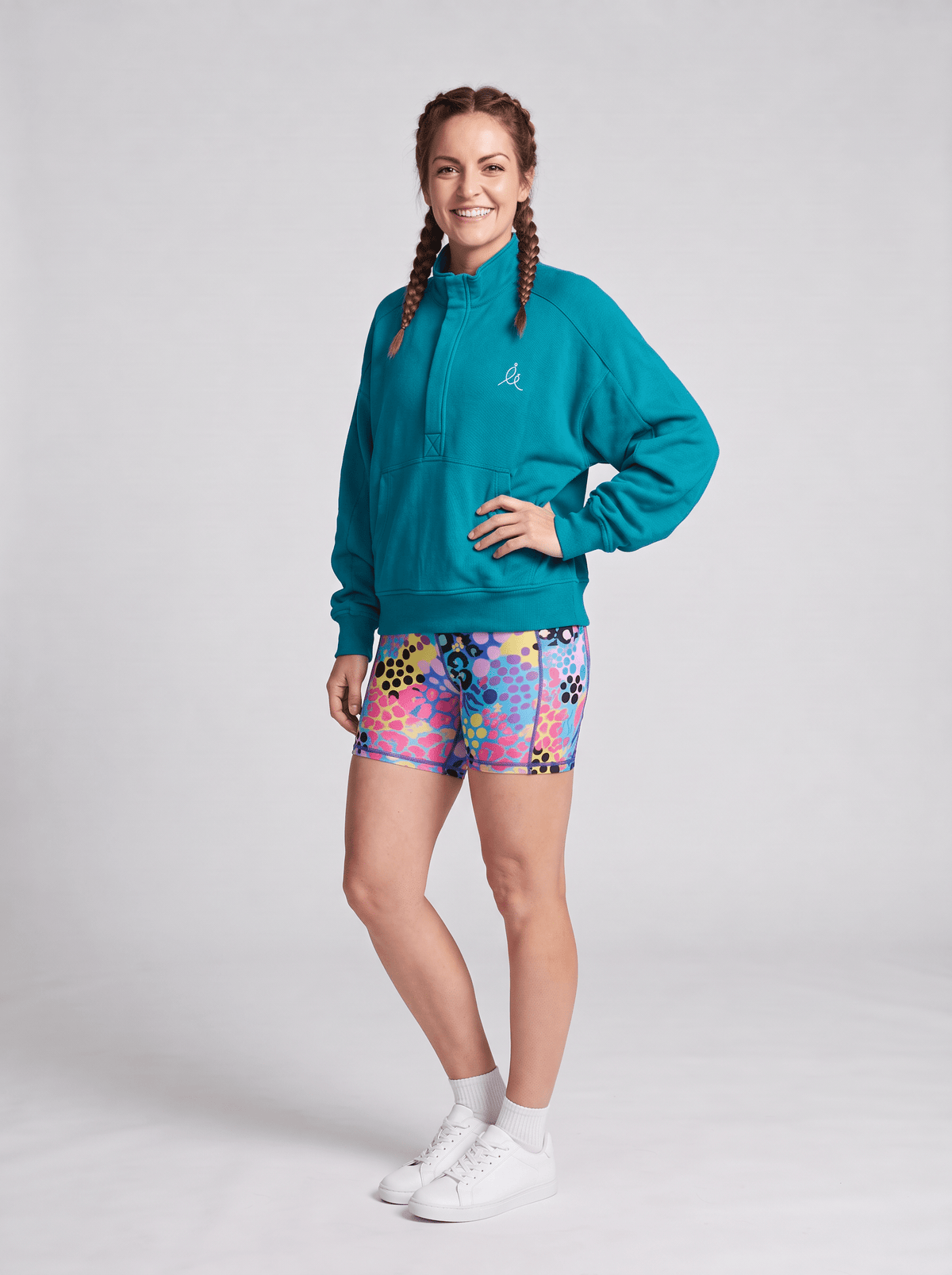 FlexiZip Sweatshirt - Teal - oversized half zip jumper full length with Electric Leopard Everyday Shortie Bike Shorts