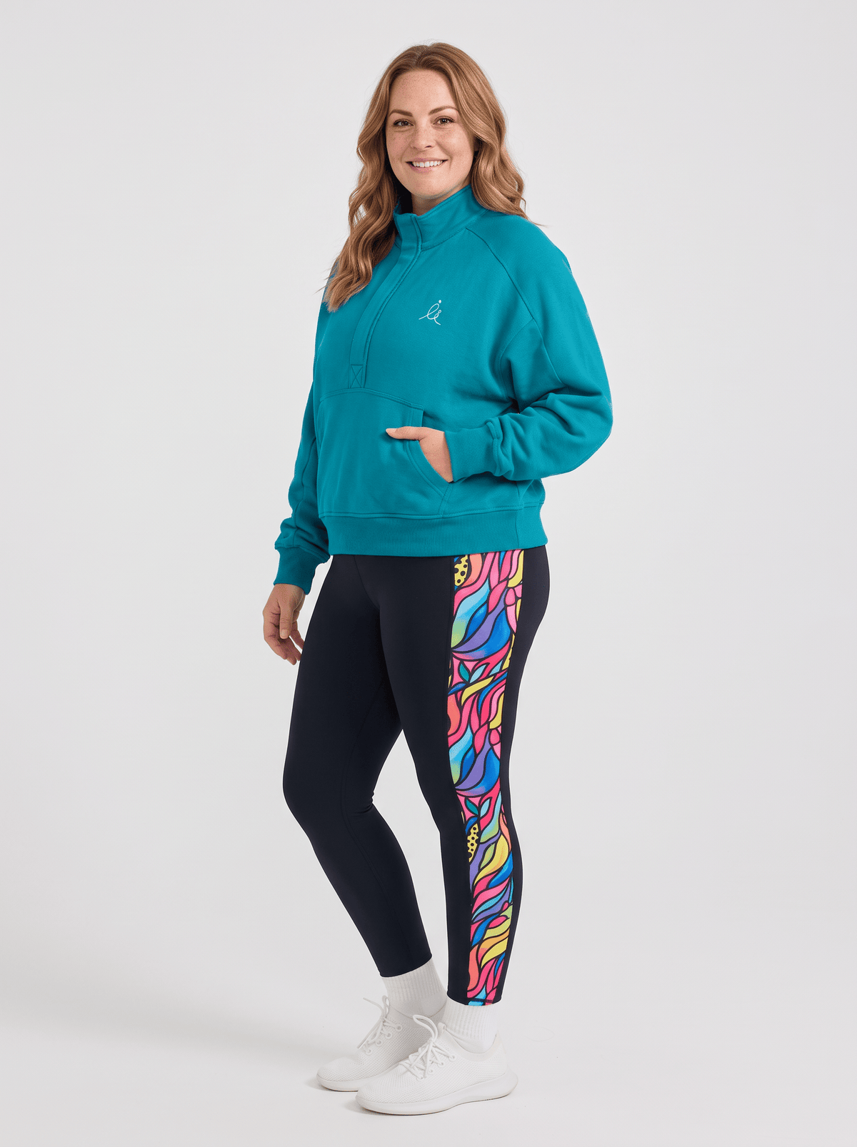 FlexiZip Sweatshirt - Teal - oversized womens jumper full length three-quarter view with Amazon Power Legging 7/8 length