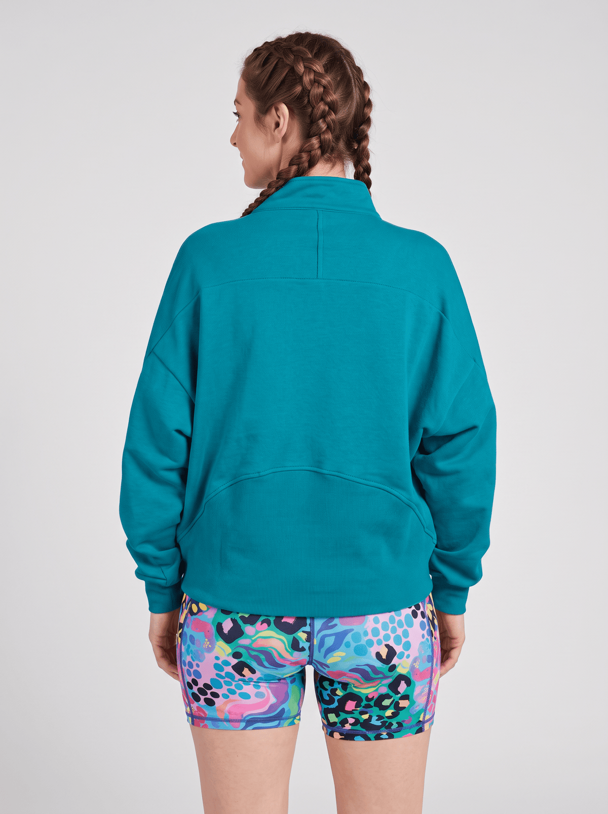 FlexiZip Sweatshirt - Teal - back view with stand collar and ribbed lower back panel