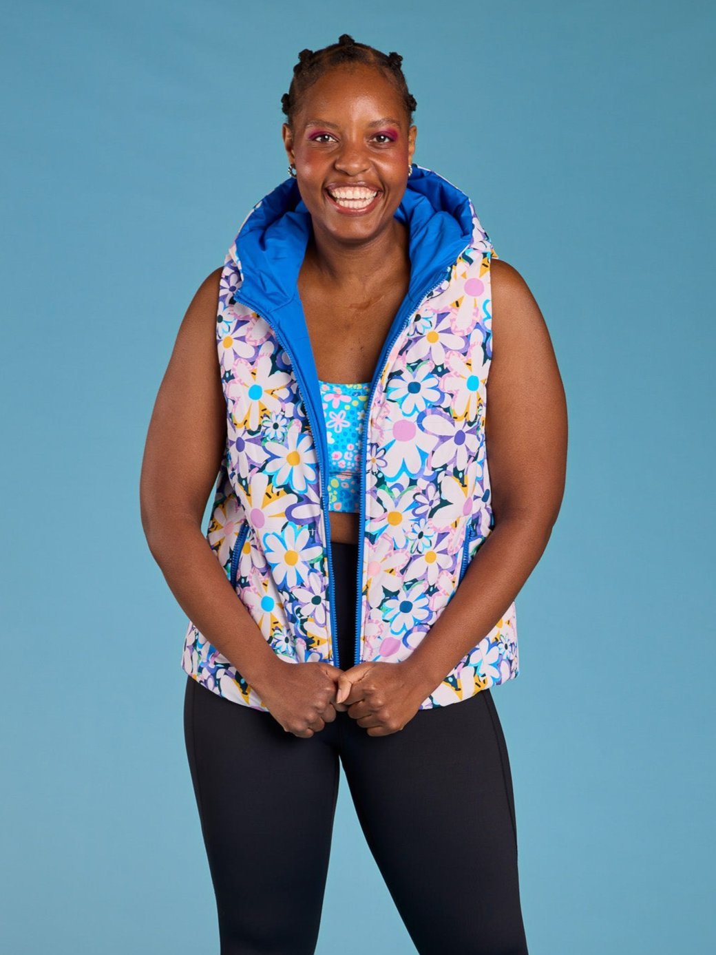 Garden Reef Reversible Hooded Puffer Vest- reversible floral puffer vest women