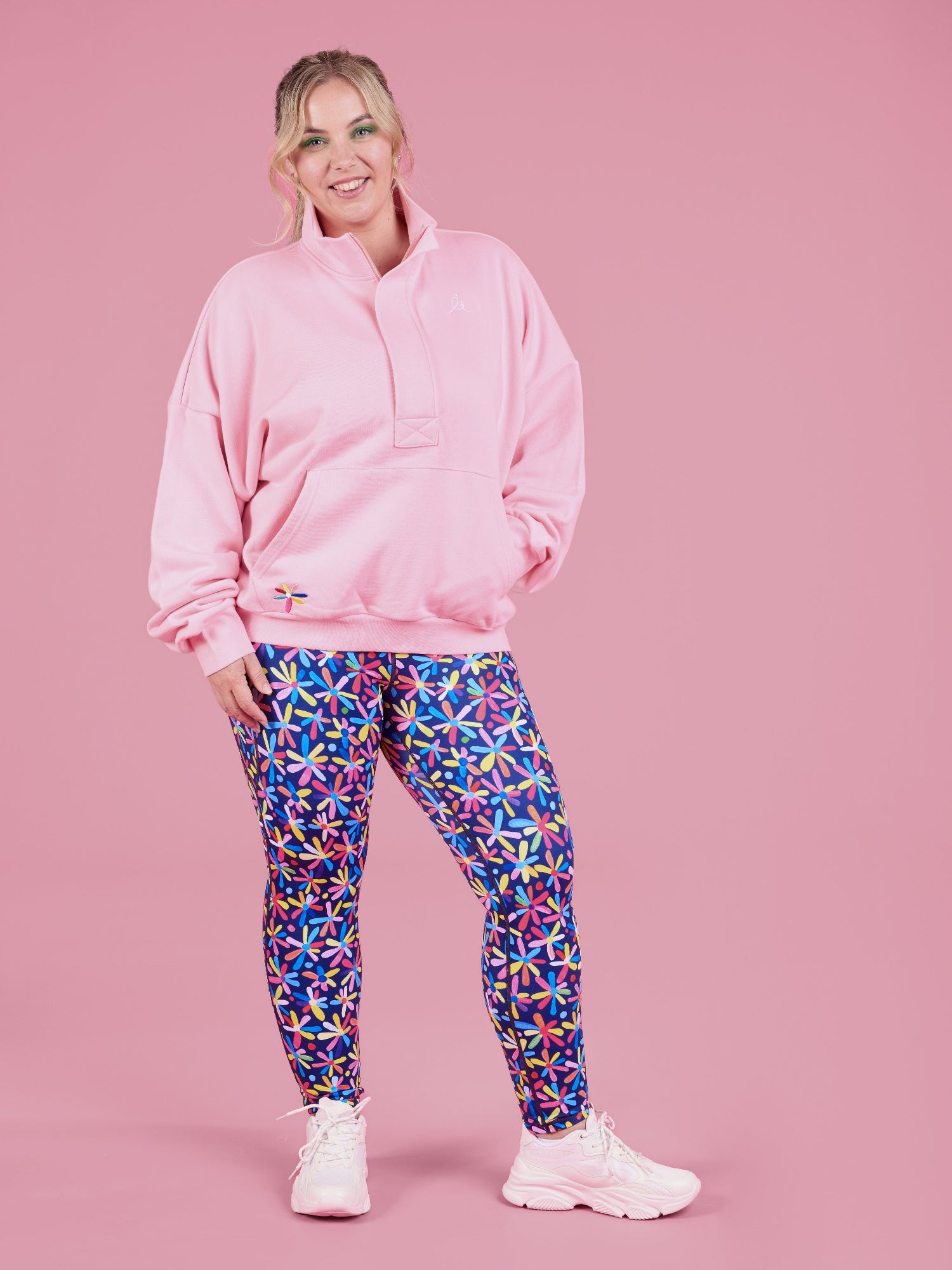 Happy Daisies FlexiZip Sweatshirt - Pink - Cropped Length with Slouchy Dropped Shoulders