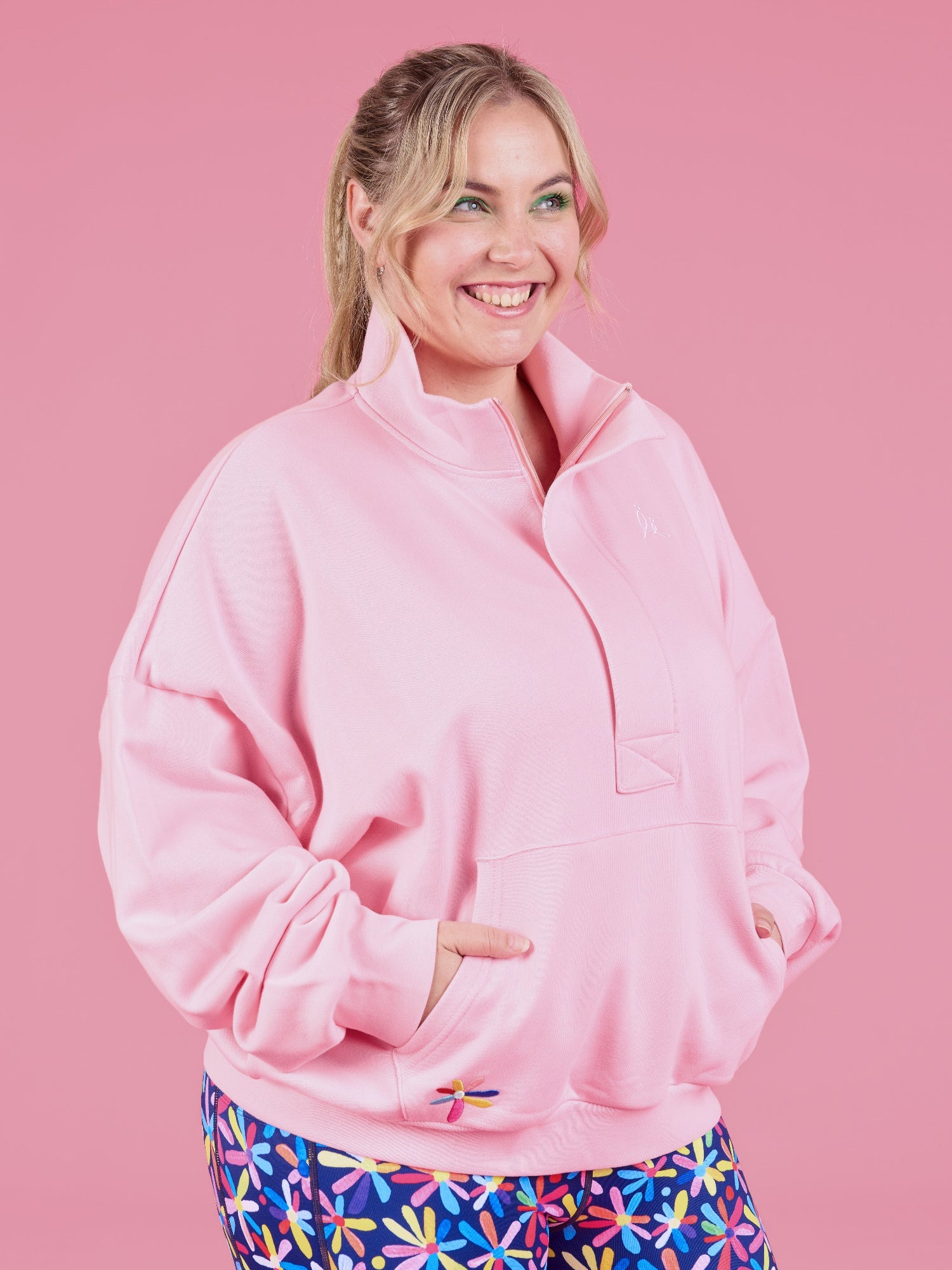 Happy Daisies FlexiZip Sweatshirt - Pink - Cropped Length with Slouchy Dropped Shoulders