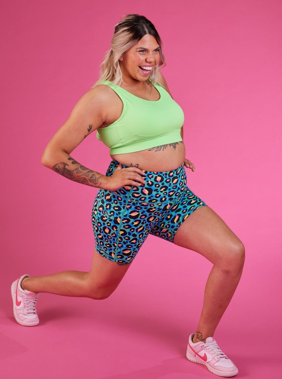 Neon Leopard Everyday Shortie Biker Shorts - squat proof mid tight biker shorts