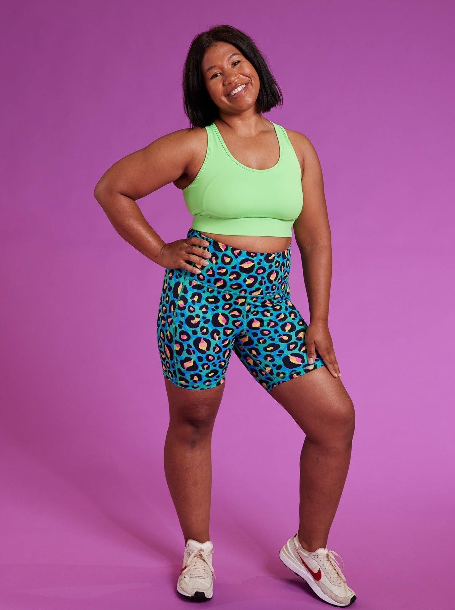 Neon Leopard Everyday Shortie Biker Shorts - mid tight leopard print shorts