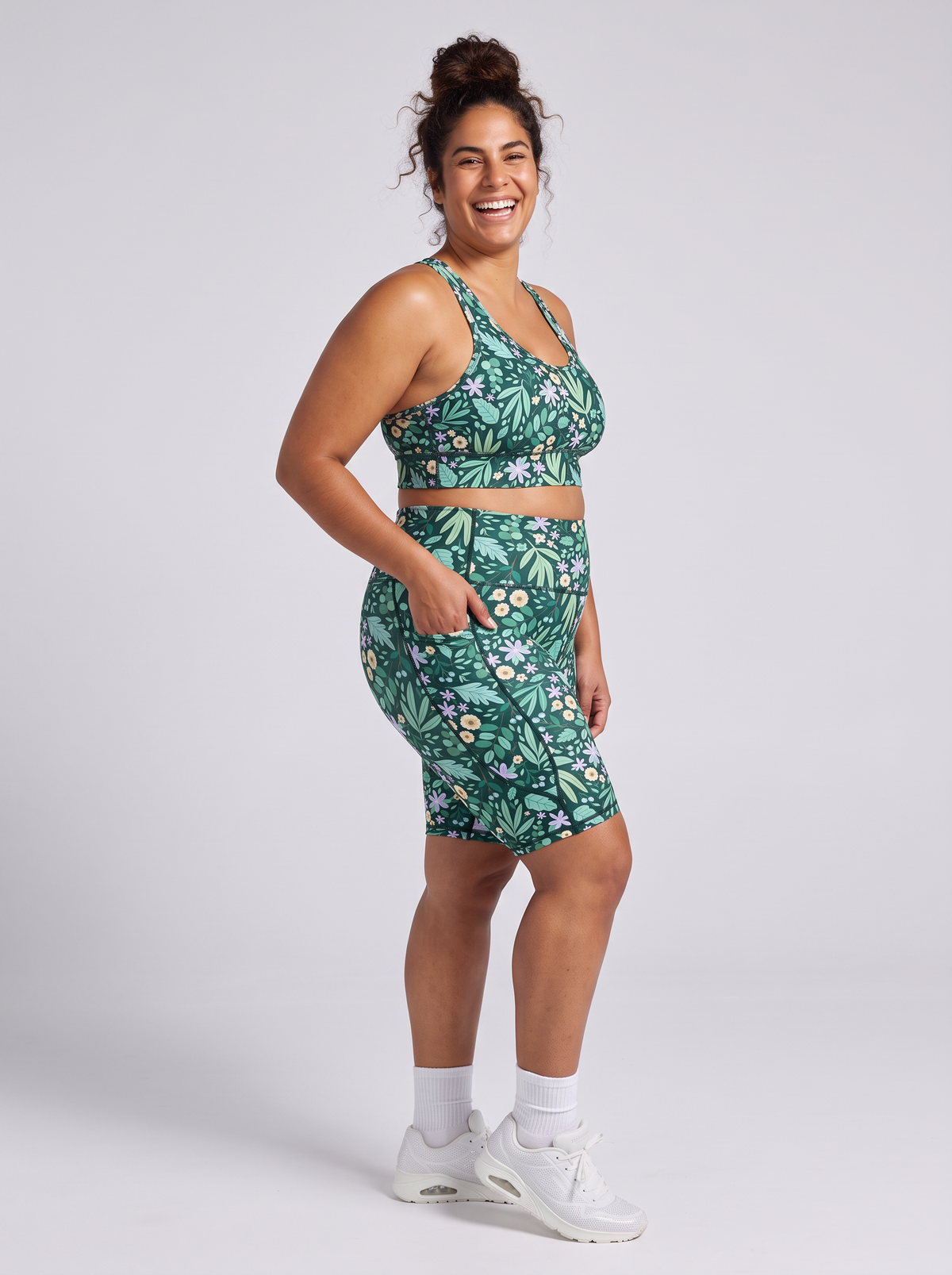 Leaves & Blooms Everyday Bike Shorts - squat proof long bike shorts with pockets, worn by Lisa