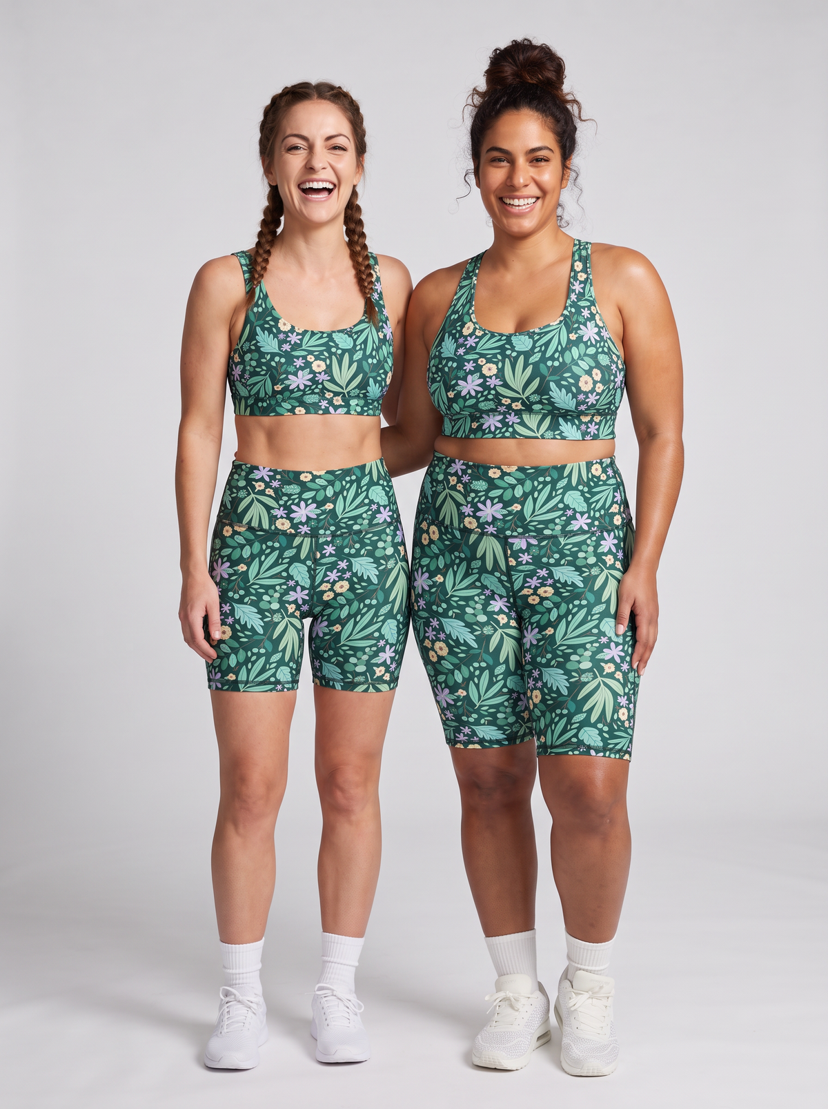 Leaves & Blooms Everyday Bike Shorts - Womens swimmable activewear, worn by Sarah and Lisa