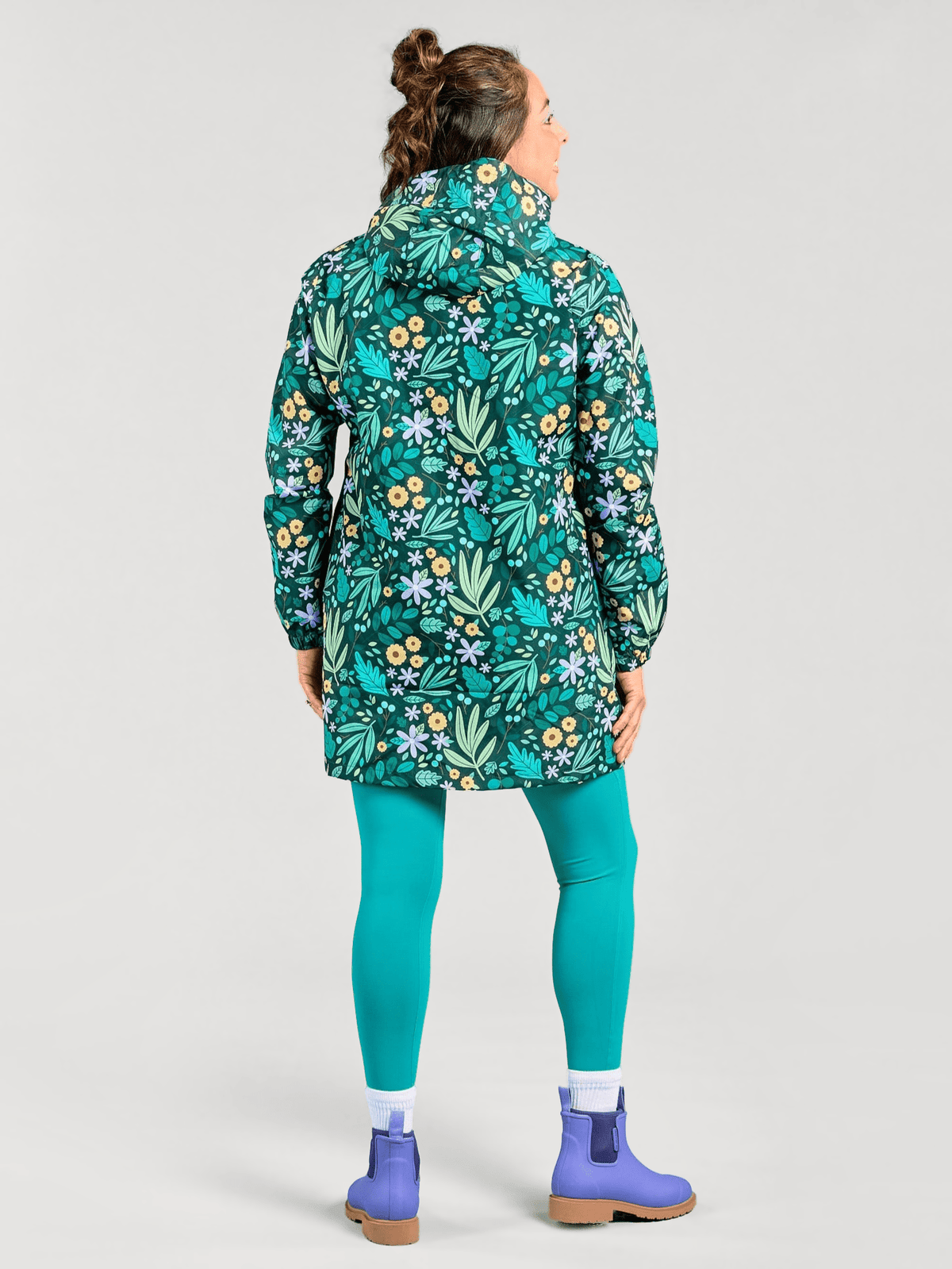 Leaves & Blooms Longline Raincoat - womens rain coat waterproof, worn by Olga