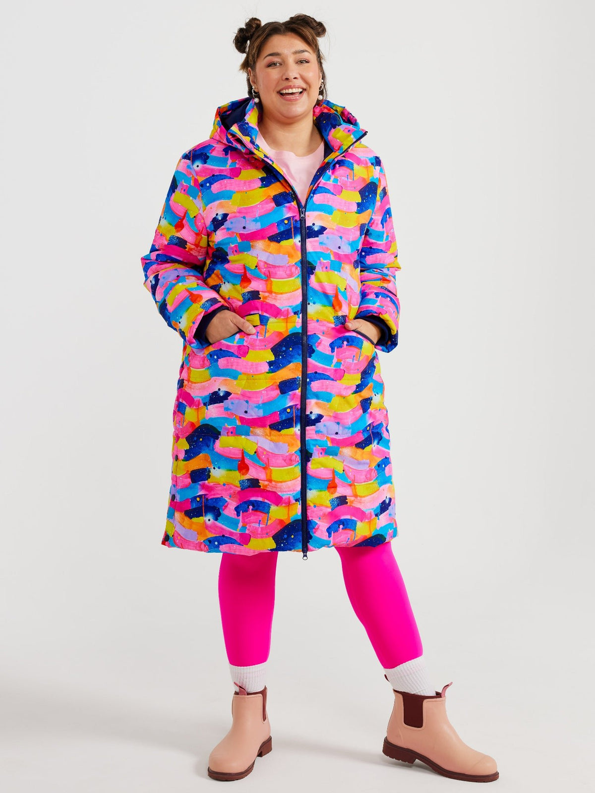 Neon Flow Longline Hooded Puffer Jacket (PREORDER)