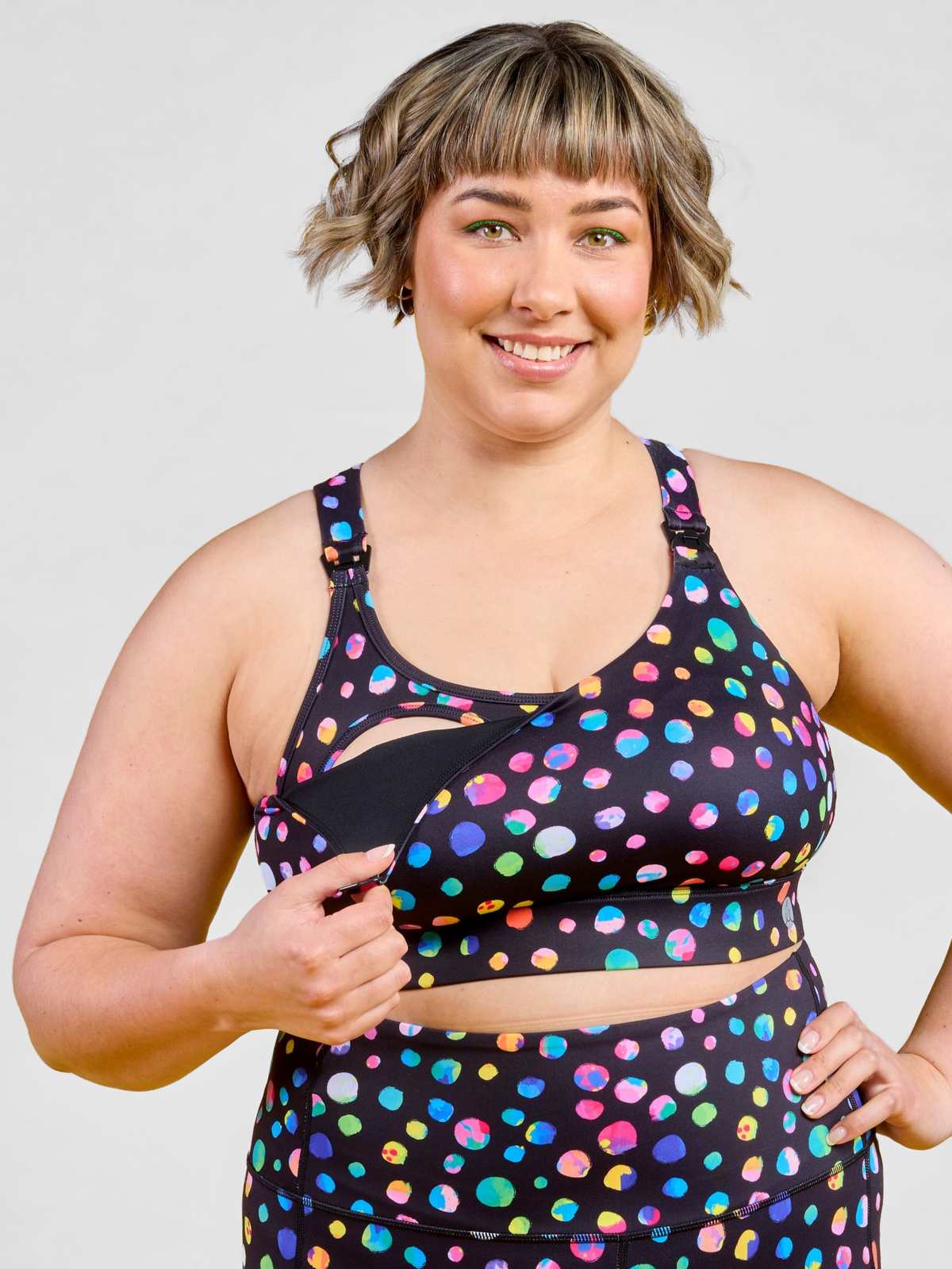 Night Polka Liberty Hookback Nursing Crop - Nursing sports bra crop top, worn by Steph
