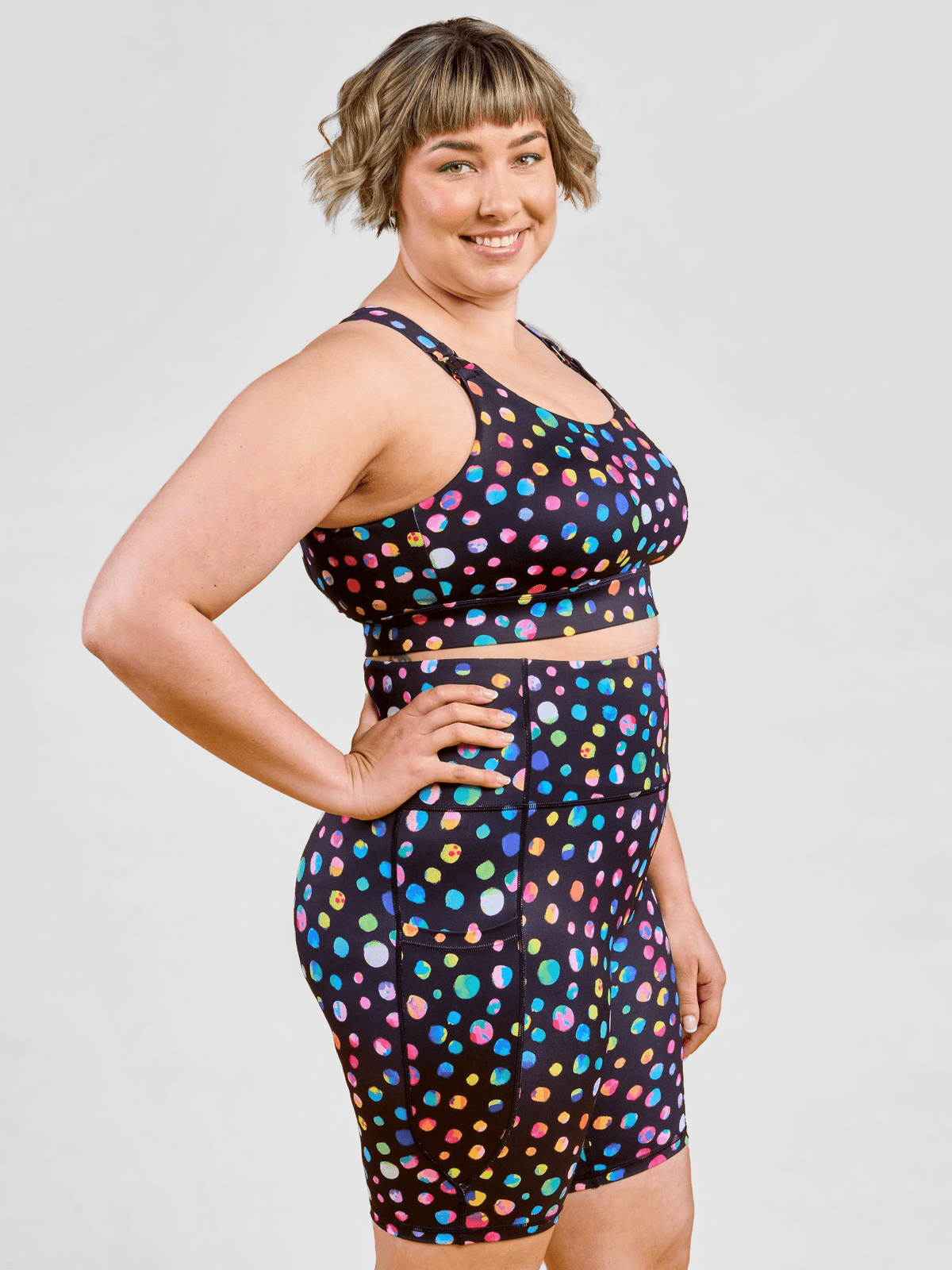 Night Polka Liberty Hookback Nursing Crop - Supportive nursing sports bra, worn by Steph