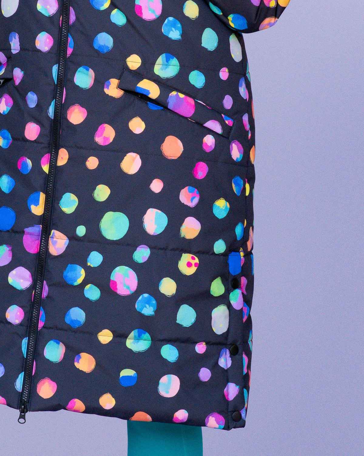 Night Polka Longline Hooded Puffer Jacket - Waterproof winter coat longline puffer with zip pockets