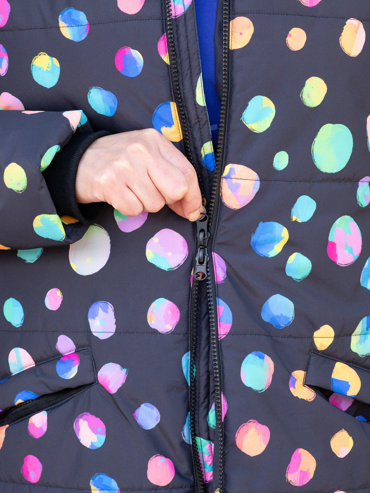 Night Polka Longline Hooded Puffer Jacket - Kasey Rainbow polka print padded jacket