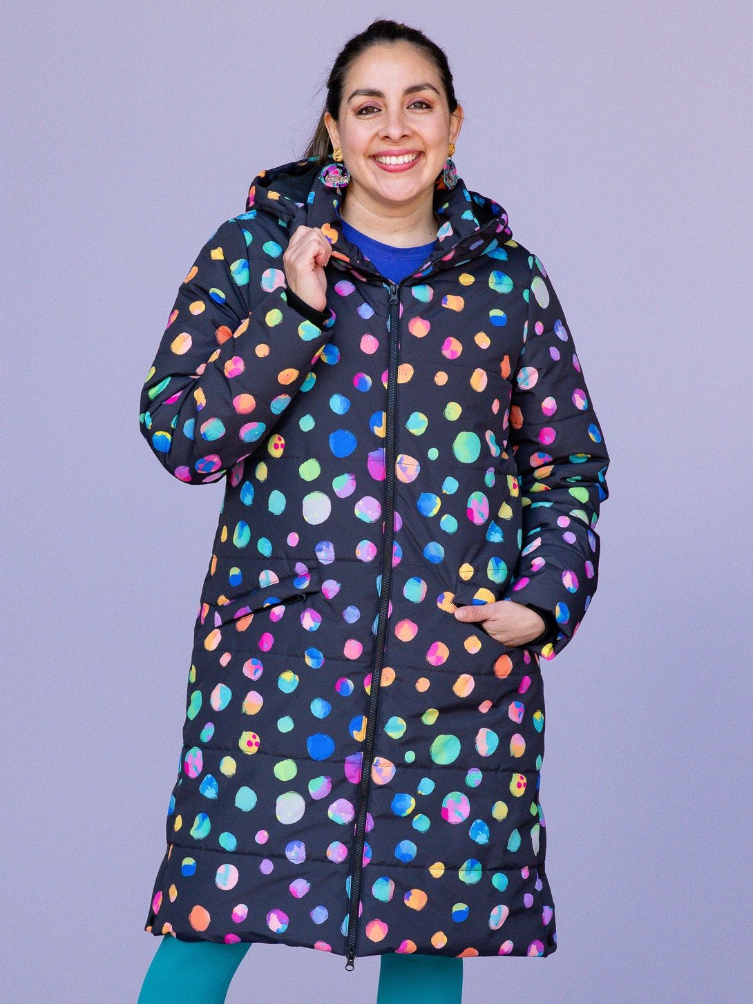 Night Polka Longline Hooded Puffer Jacket - Longline puffer jacket waterproof warm winter coat with hood